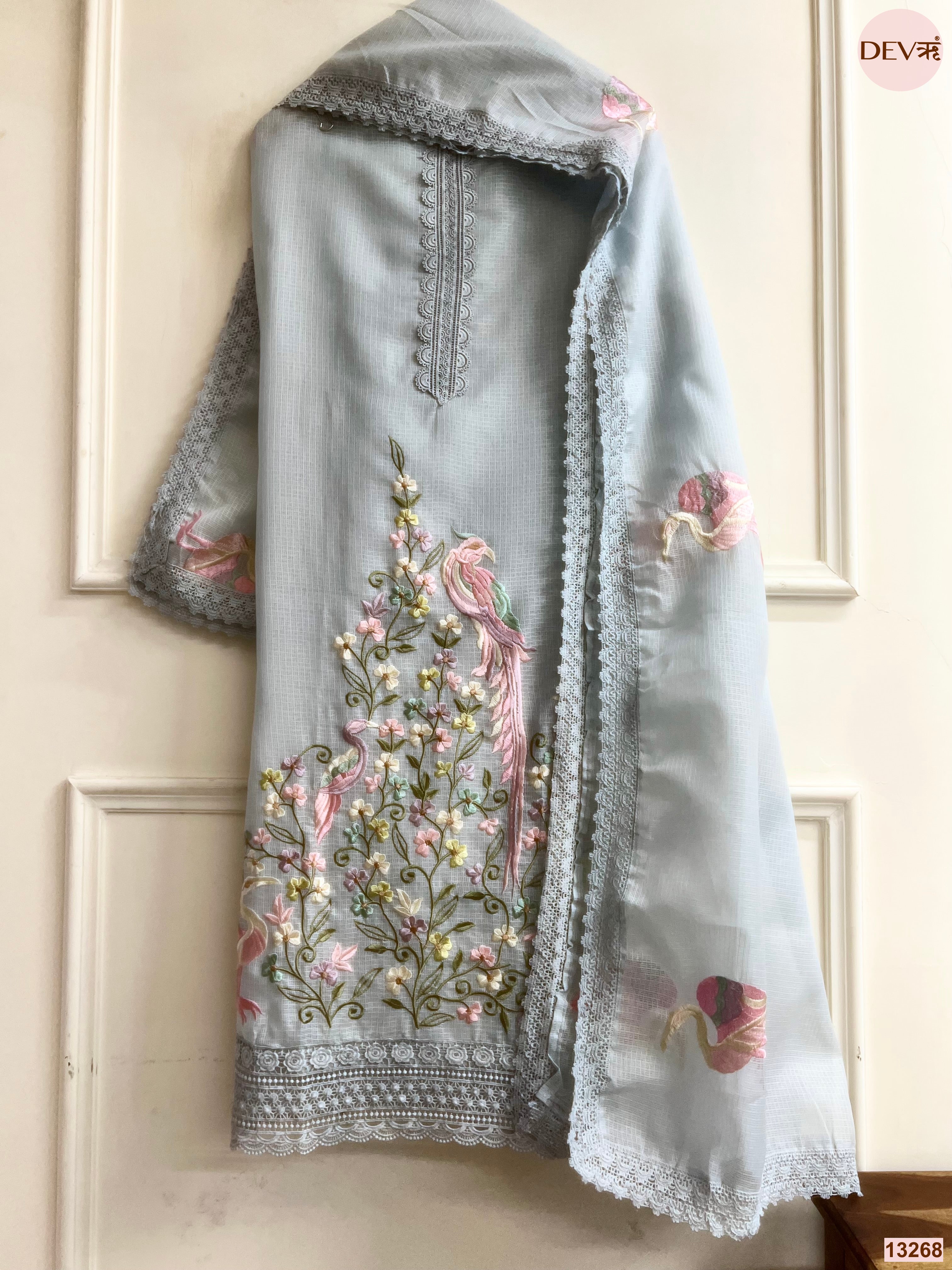 Grey Kota Cotton Embroidered Unstitched 3-Piece Suit (Devri – D.No 13268)