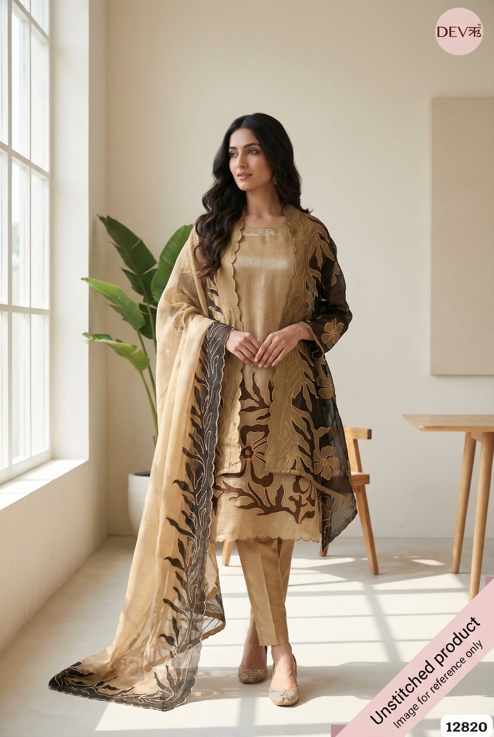Beige Crush Tissue Silk Embroidered Unstitched 3-Piece Suit (Devri – D.No 12820)