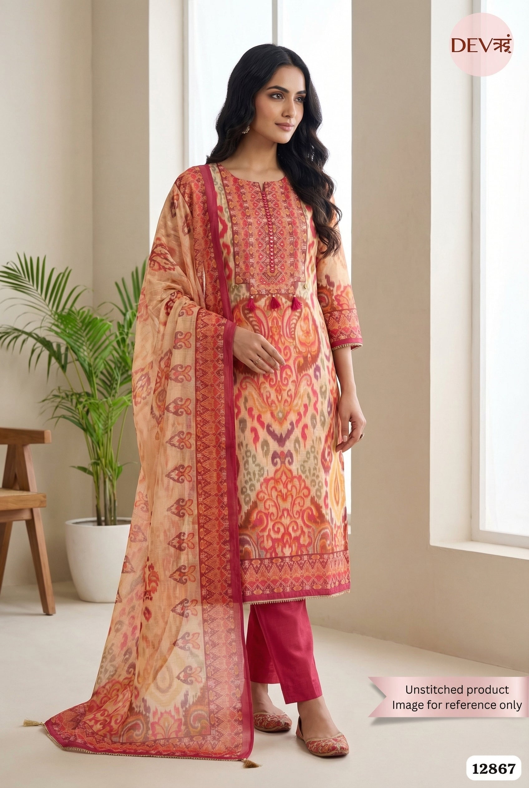 Pink Linen Cotton Printed Unstitched 3-Piece Suit (Devri – D.No 12867)