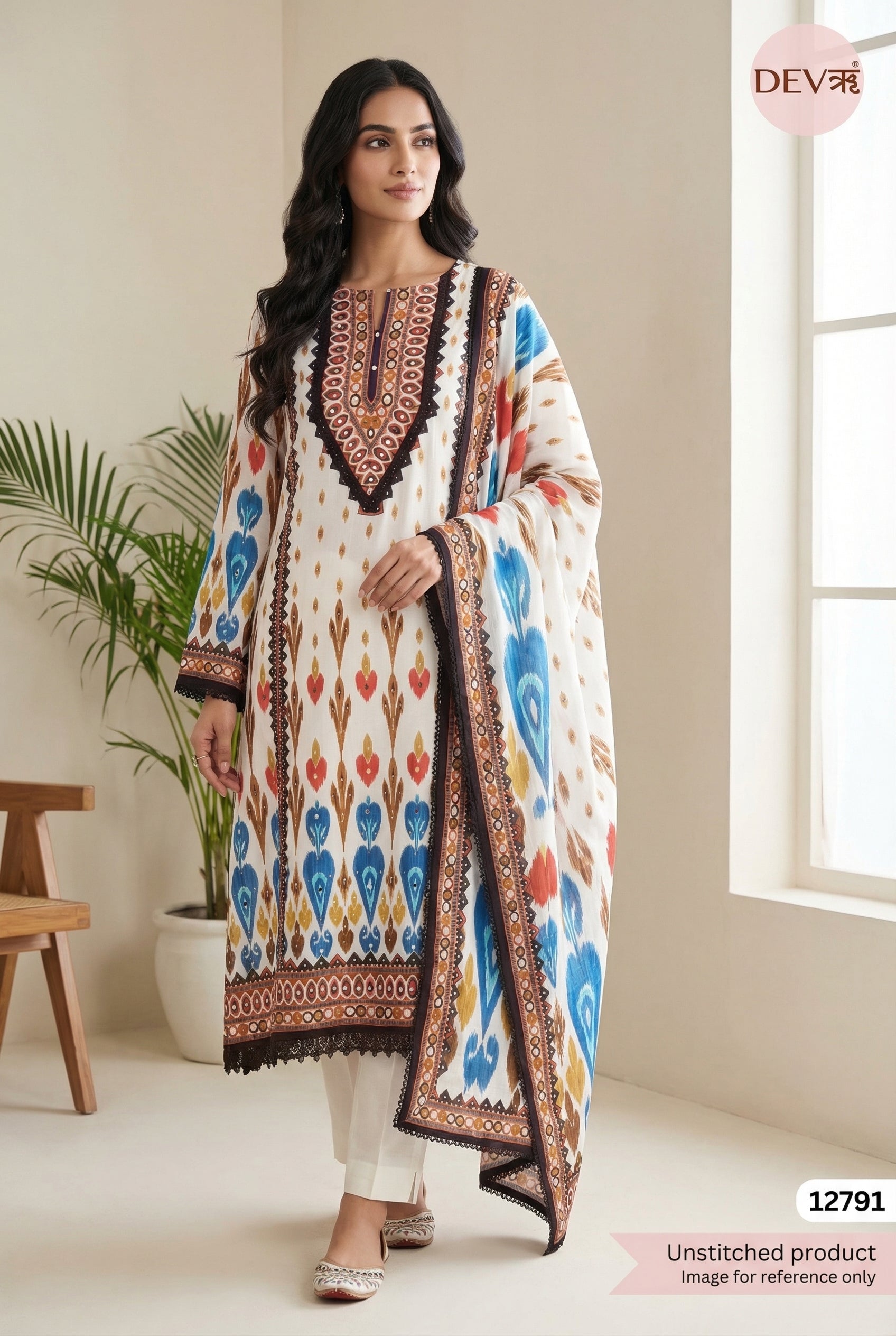 White Muslin Printed Unstitched 3-Piece Suit (Devri – D.No 12791)