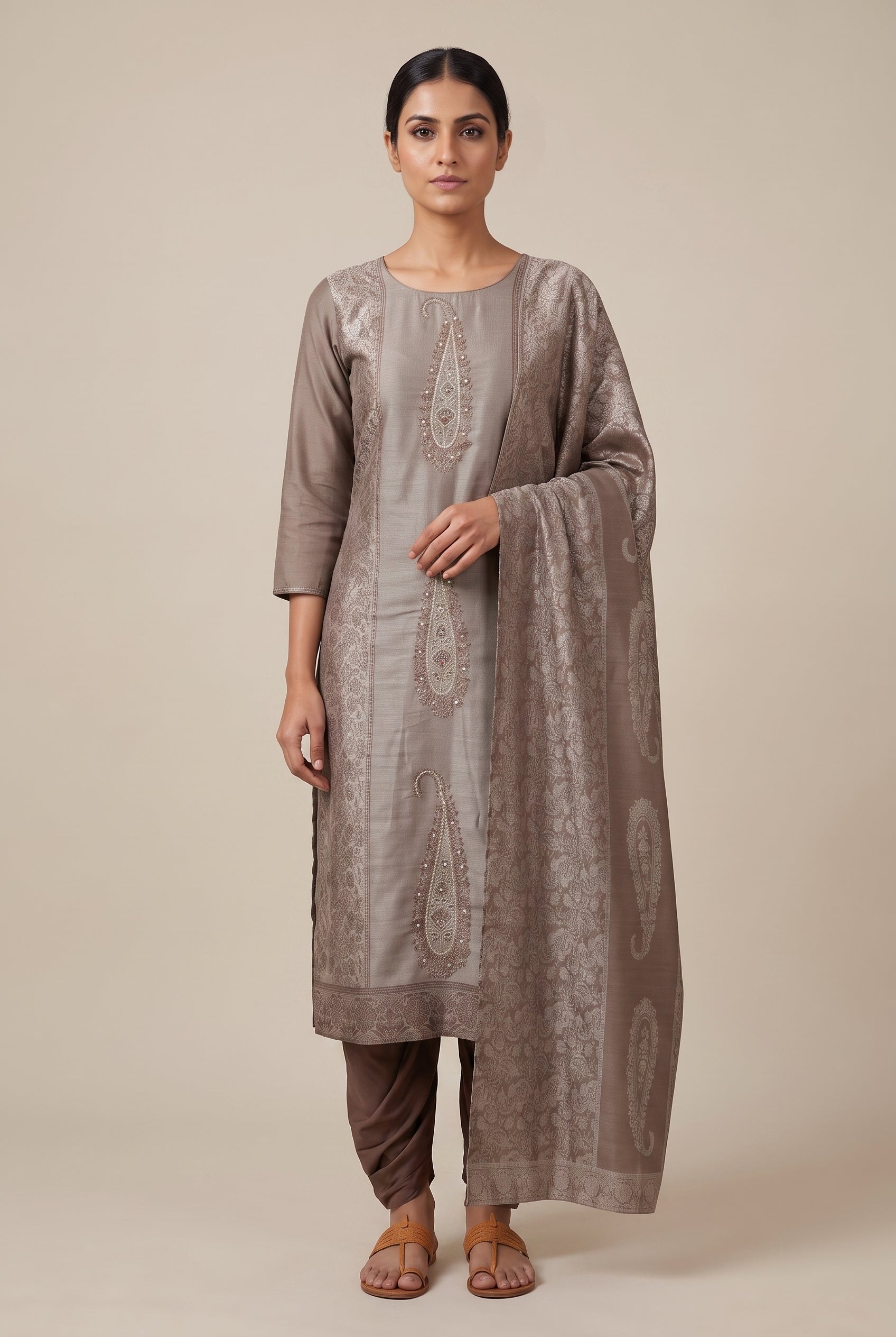 Brown Banarasi Woven Silk Embroidered Unstitched 3-Piece Suit (Devri – D.No 13613)
