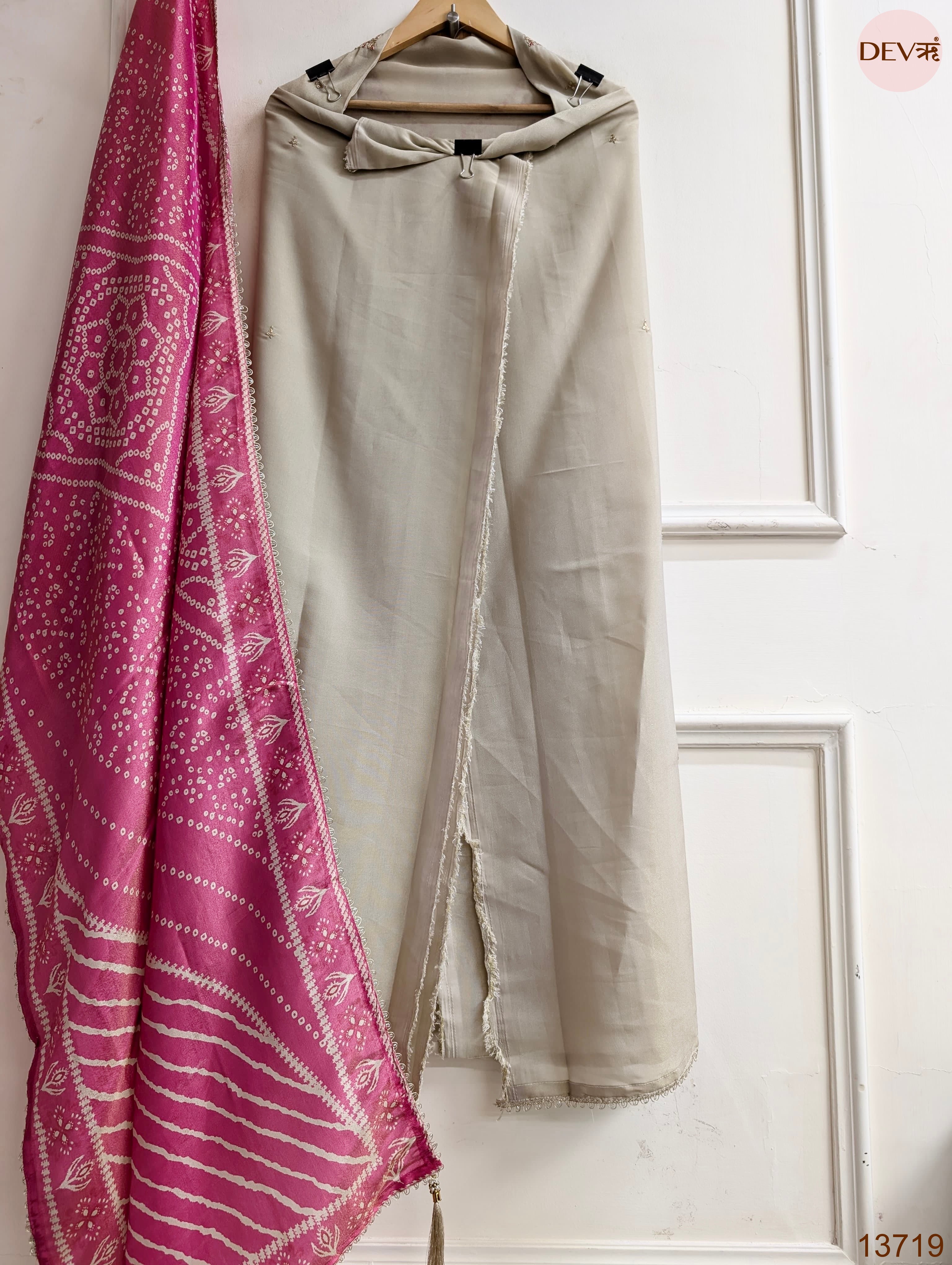 Beige Tissue Silk Embroidered Unstitched 3-Piece Suit (Devri – D.No 13719)