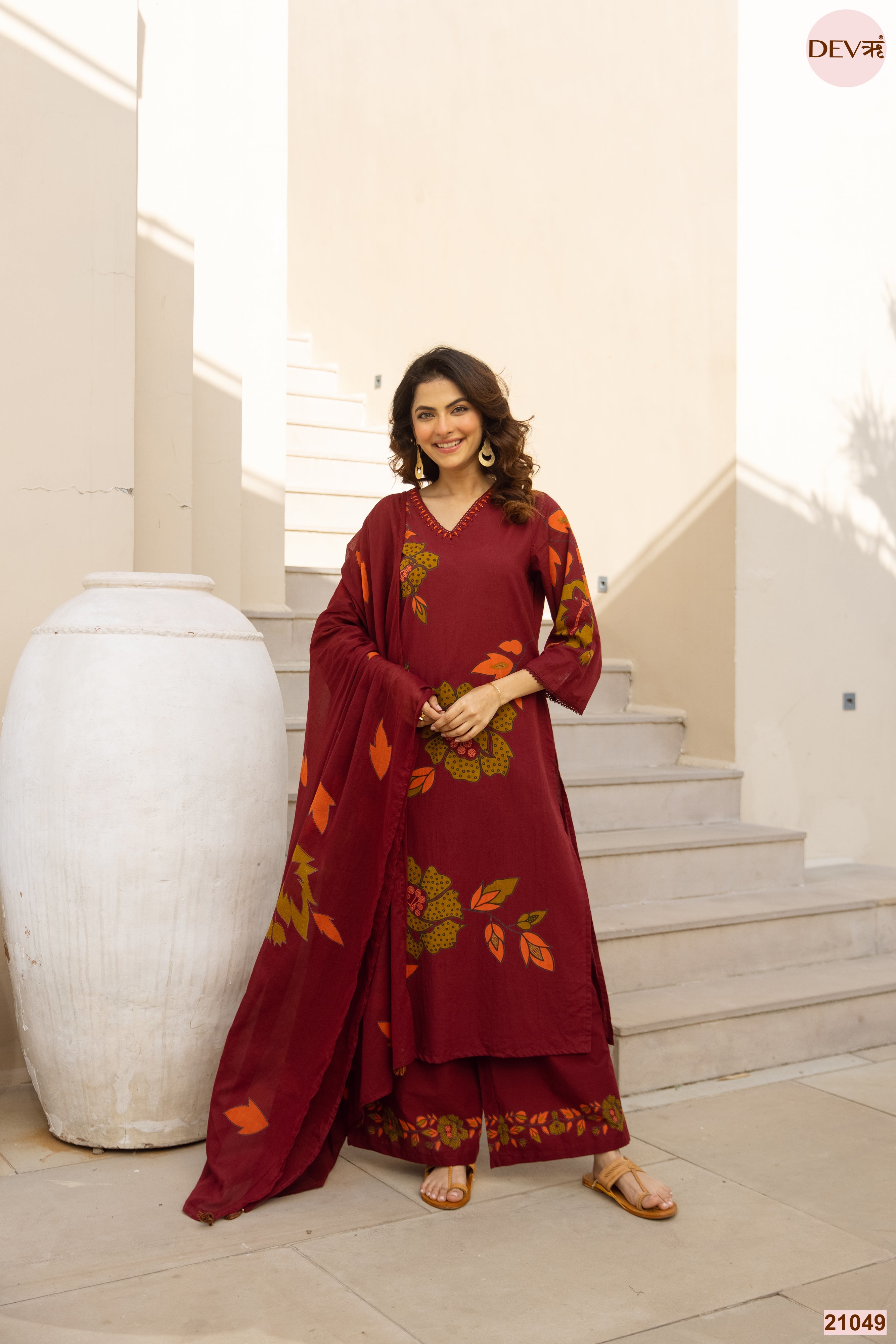 Gulnaar Cotton Slub Printed Maroon 3-Piece Set (Devri – D.No 21049)