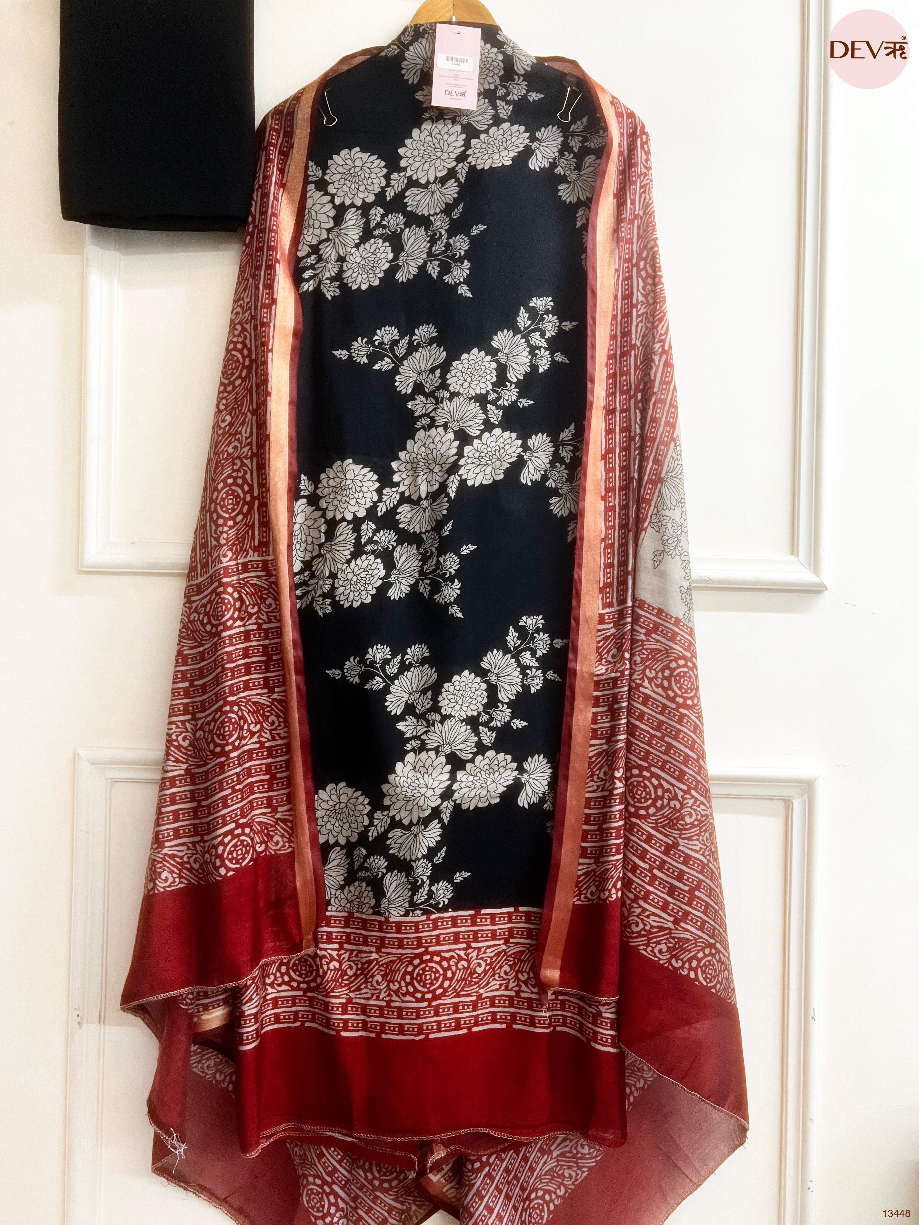 Black Maheshwari Silk Printed Unstitched 3-Piece Suit (Devri – D.No 13448)