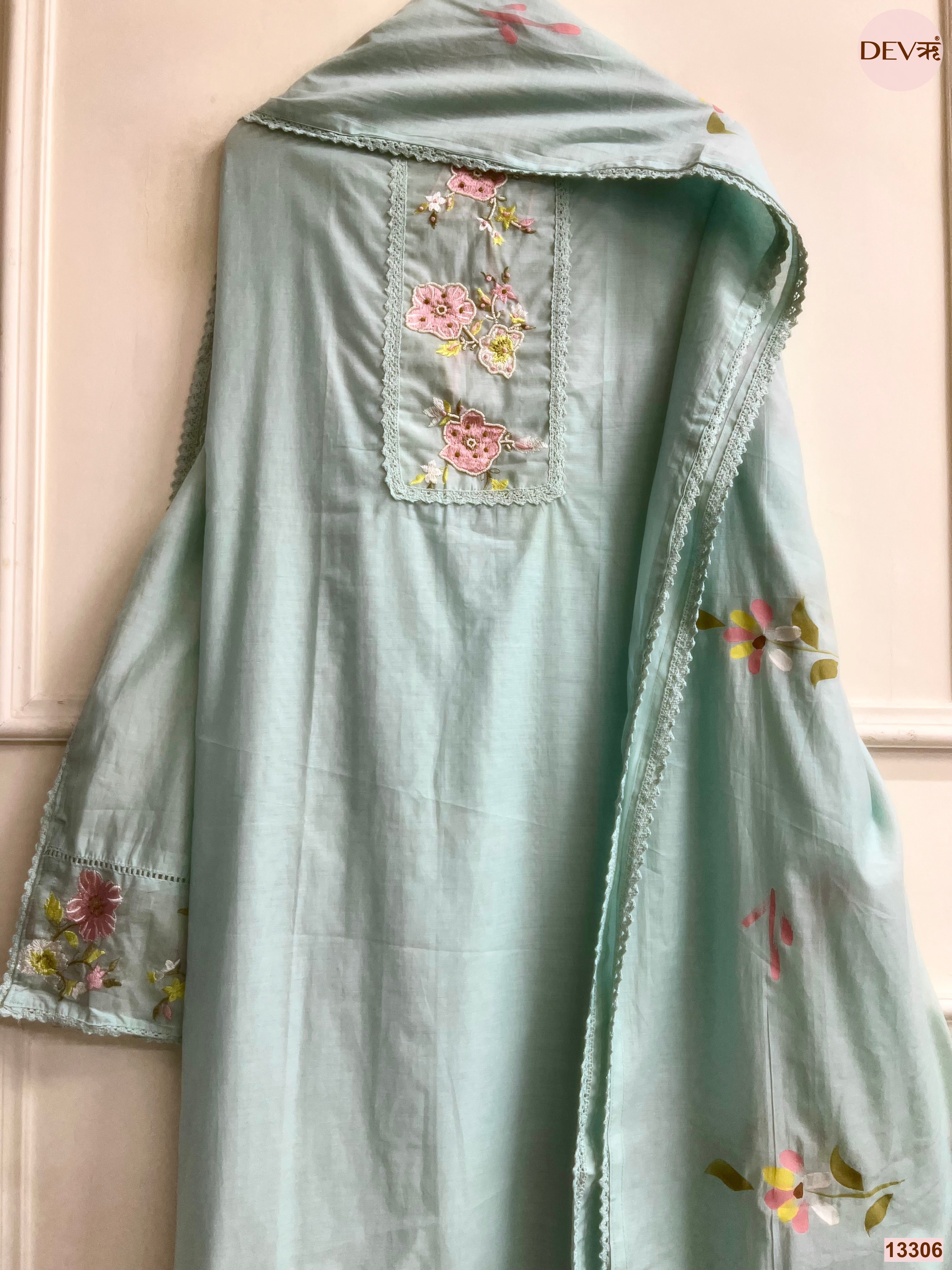 Mint Mul Cotton Embroidered Unstitched 3-Piece Suit (Devri – D.No 13306)