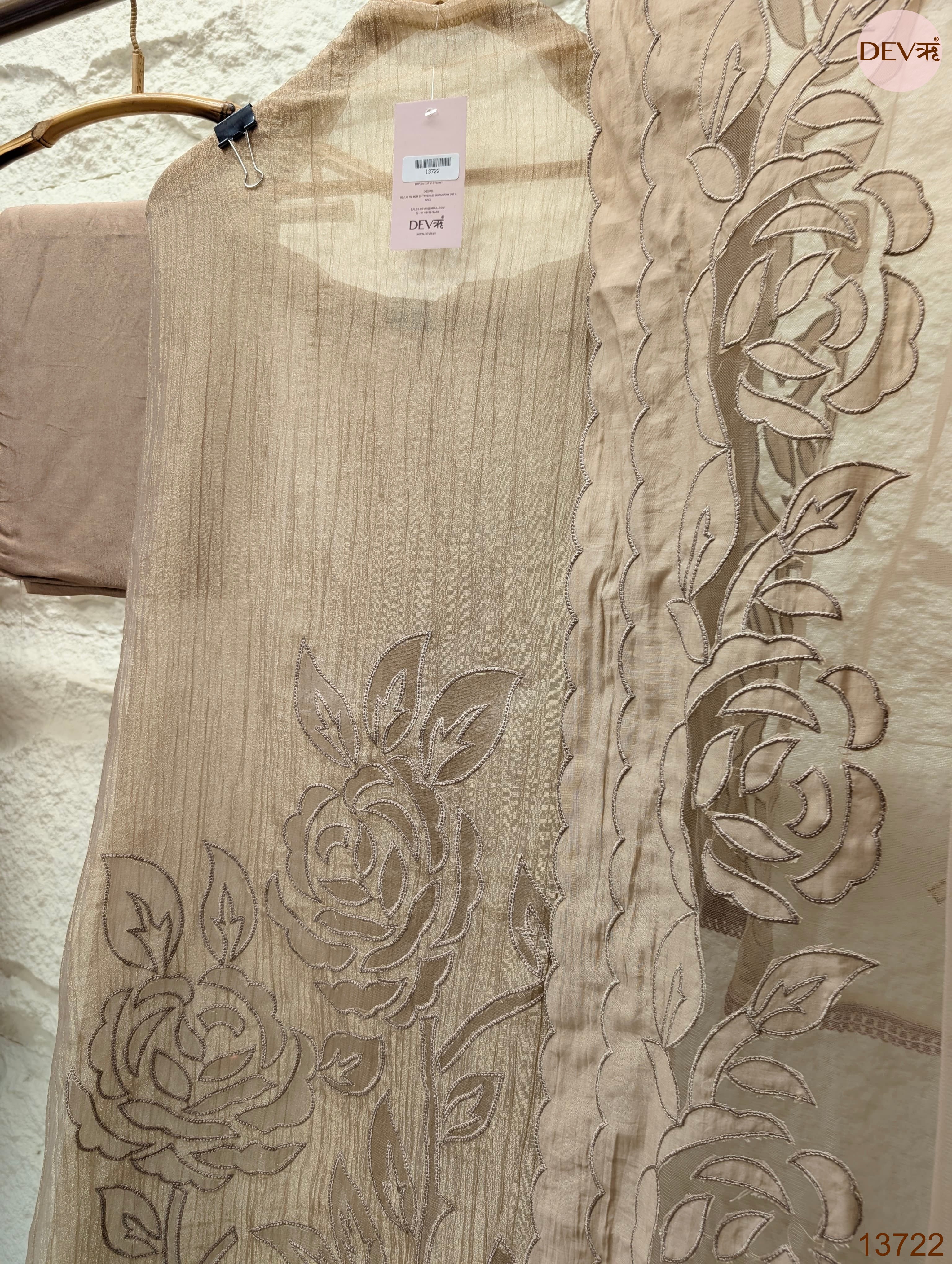 Beige Tissue Silk Embroidered Unstitched 3-Piece Suit (Devri – D.No 13722)