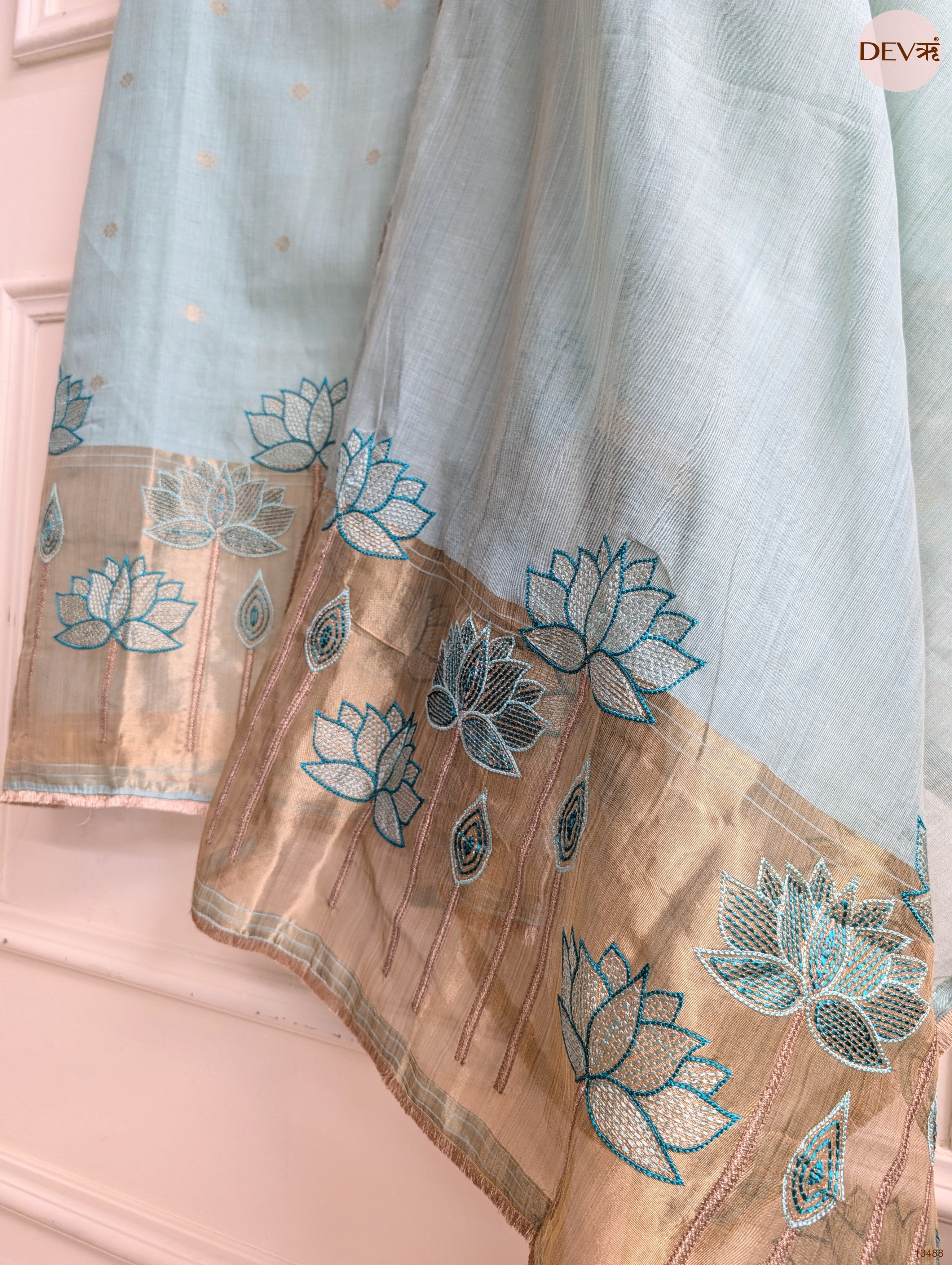 Blue Banarashi Silk Embroidered Unstitched 3-Piece Suit (Devri – D.No 13488)