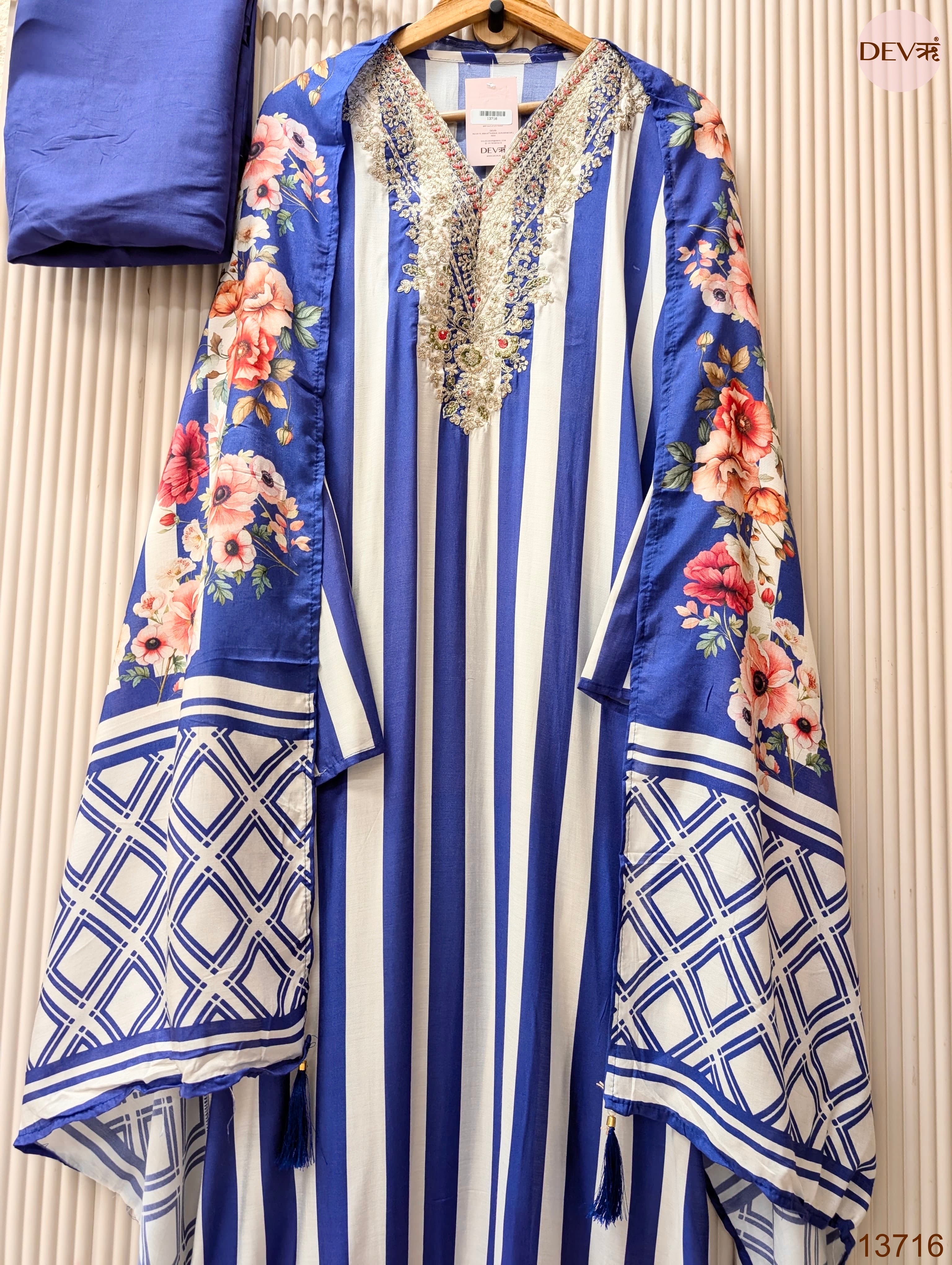 Blue Organza Silk Printed Unstitched 3-Piece Suit (Devri – D.No 13716)