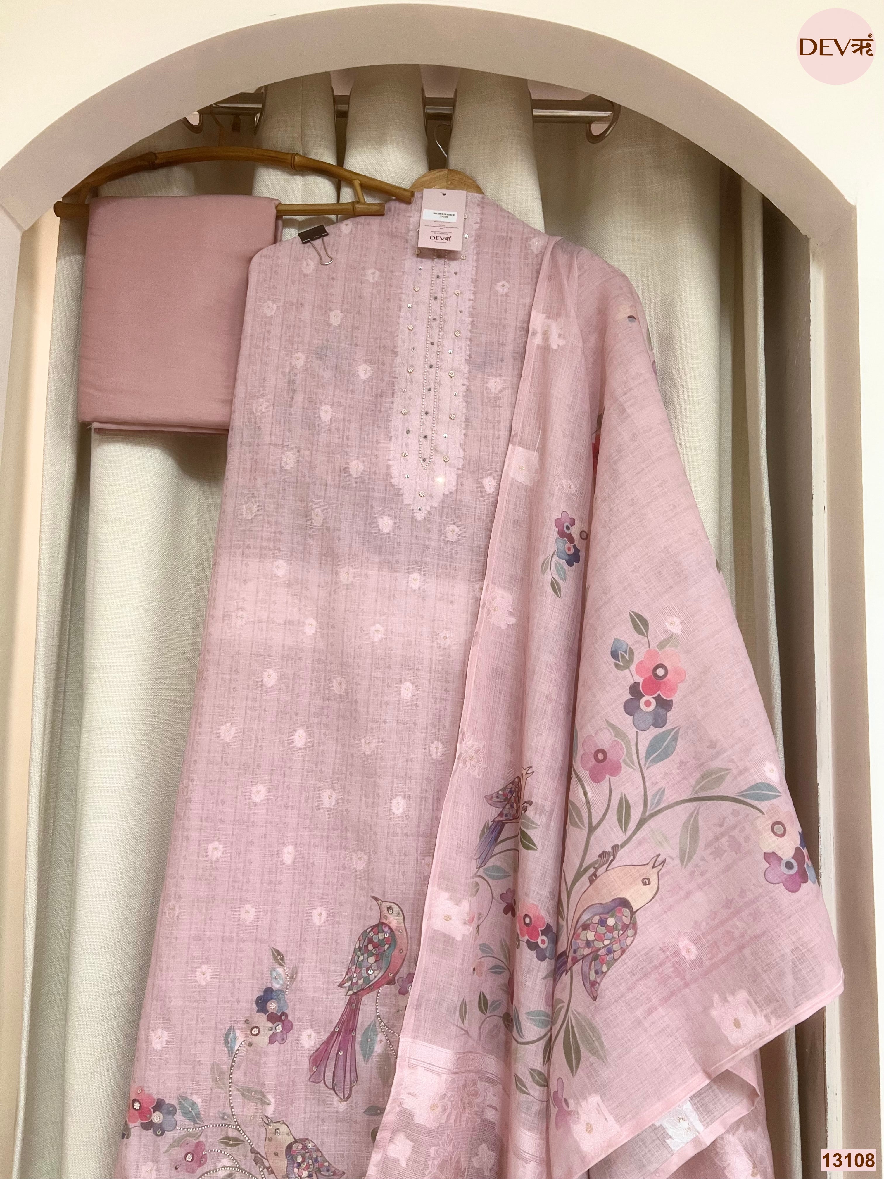 Pink Linen Cotton Printed Unstitched 3-Piece Suit (Devri – D.No 13108)
