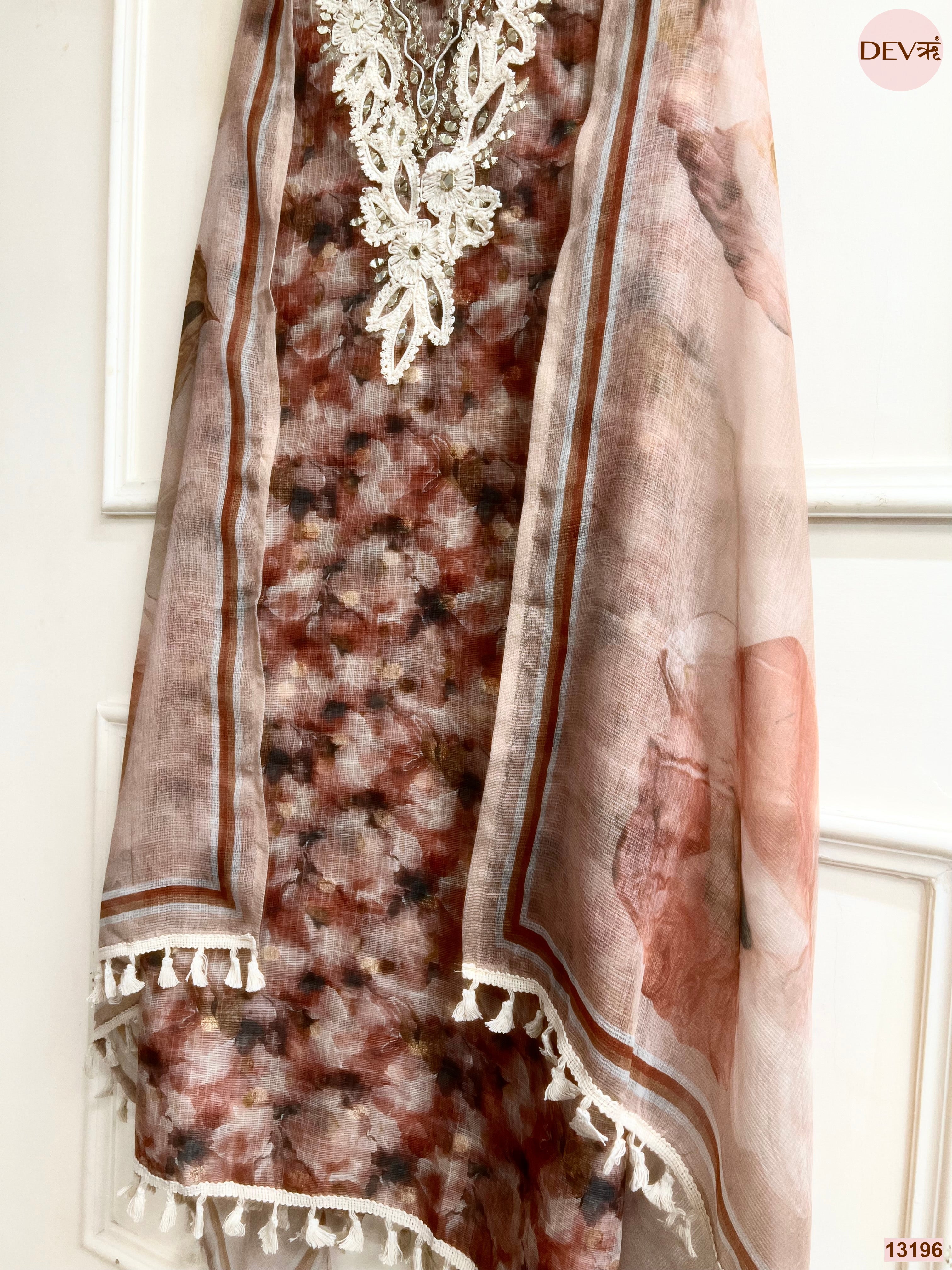 Brown Kota Zari Printed Unstitched 3-Piece Suit (Devri – D.No 13196)