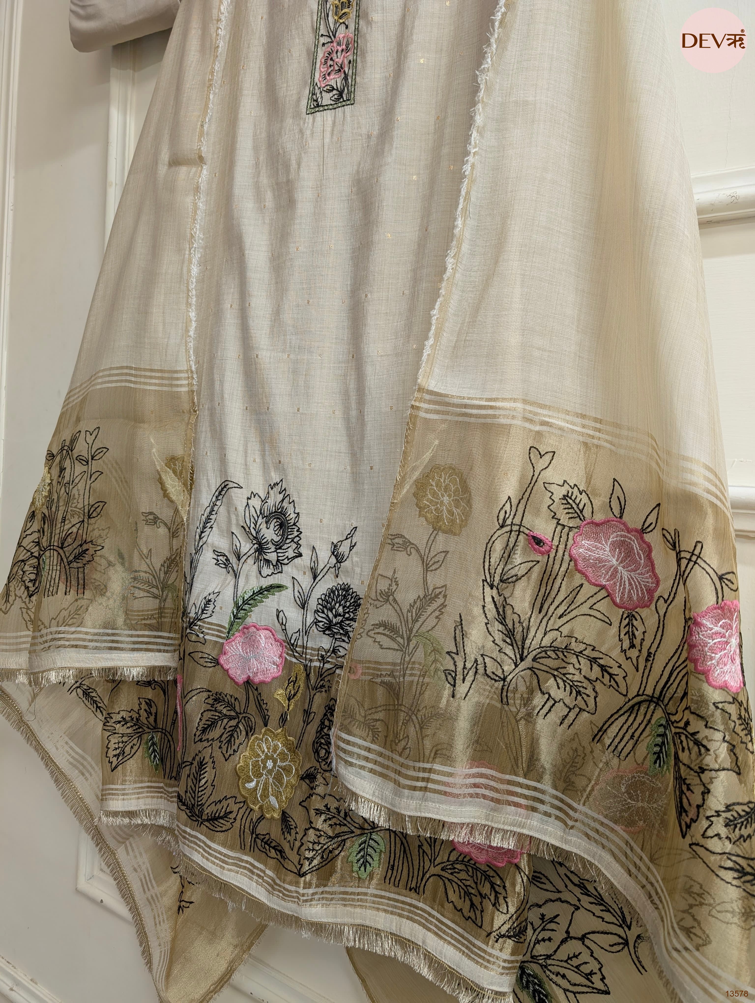 Beige Mul Chanderi Embroidered Unstitched 3-Piece Suit (Devri – D.No 13578)