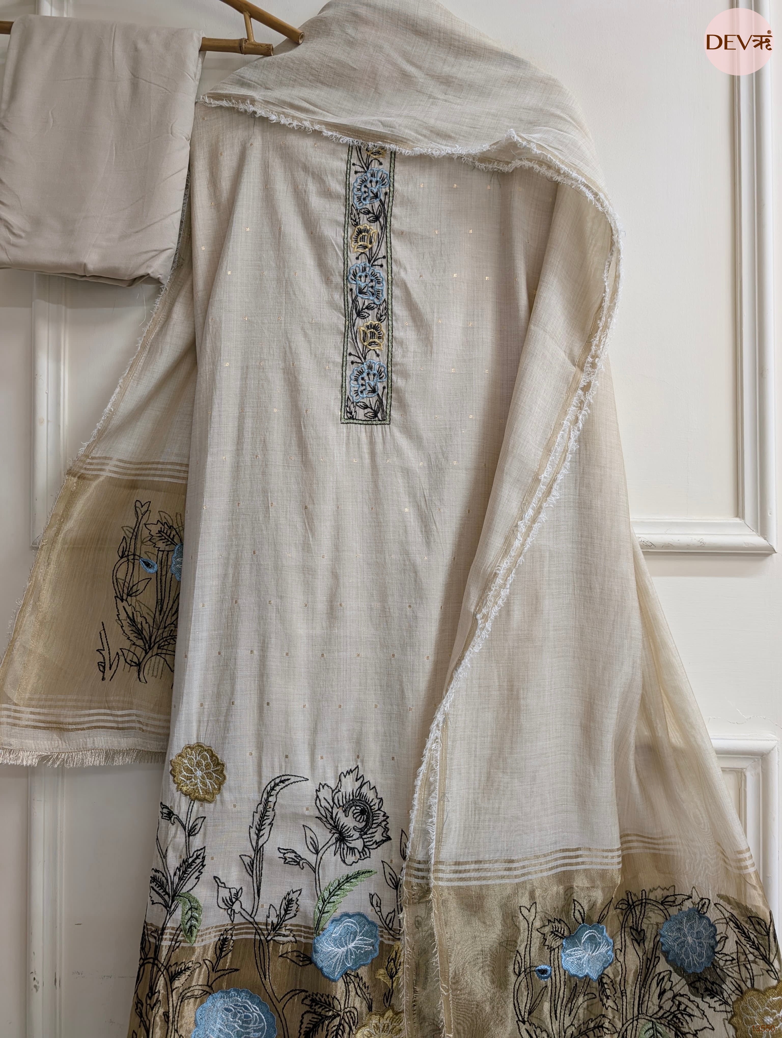Beige Mul Chanderi Embroidered Unstitched 3-Piece Suit (Devri – D.No 13550)