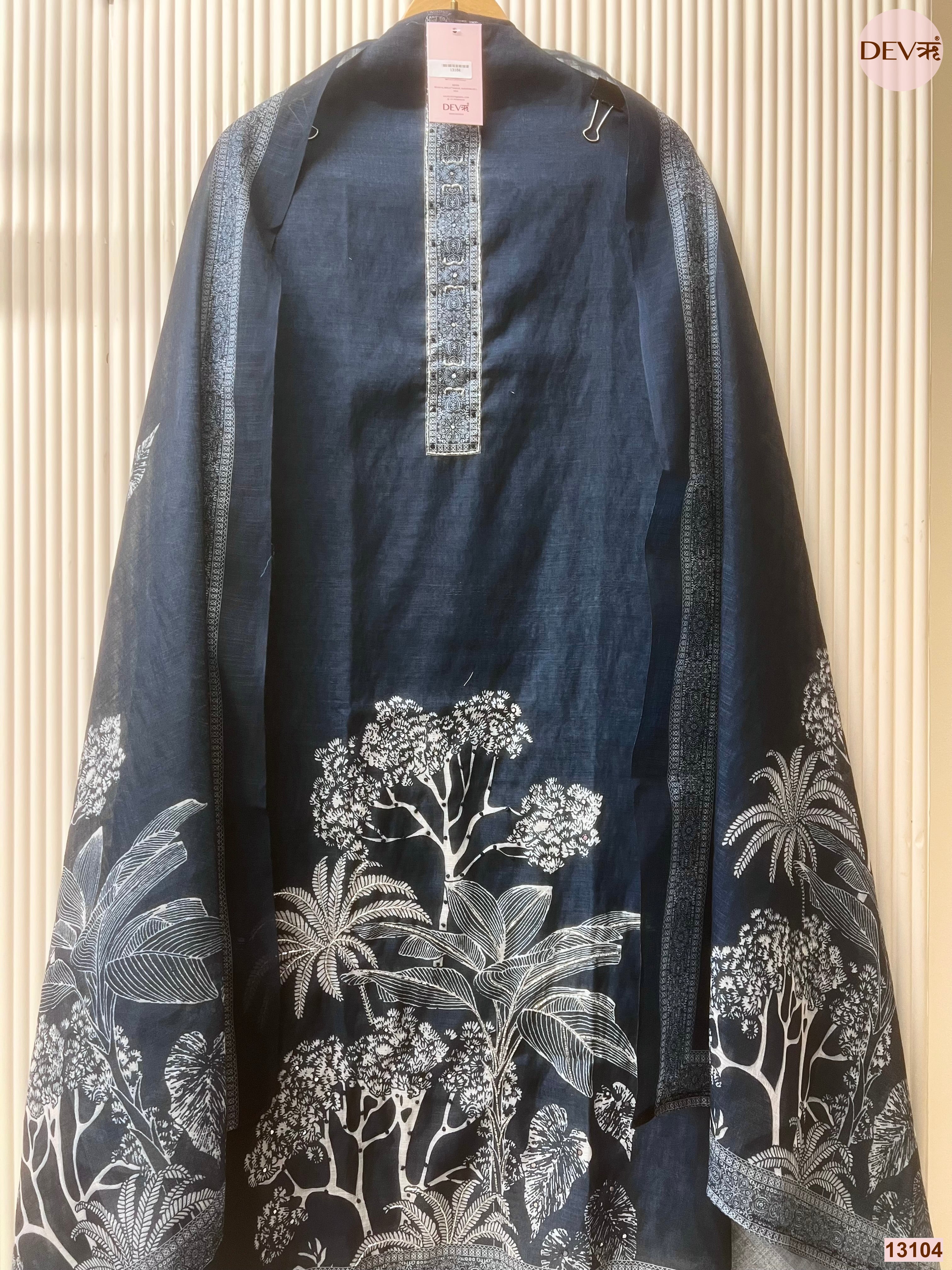 Navy Linen Cotton Printed Unstitched 3-Piece Suit (Devri – D.No 13104)