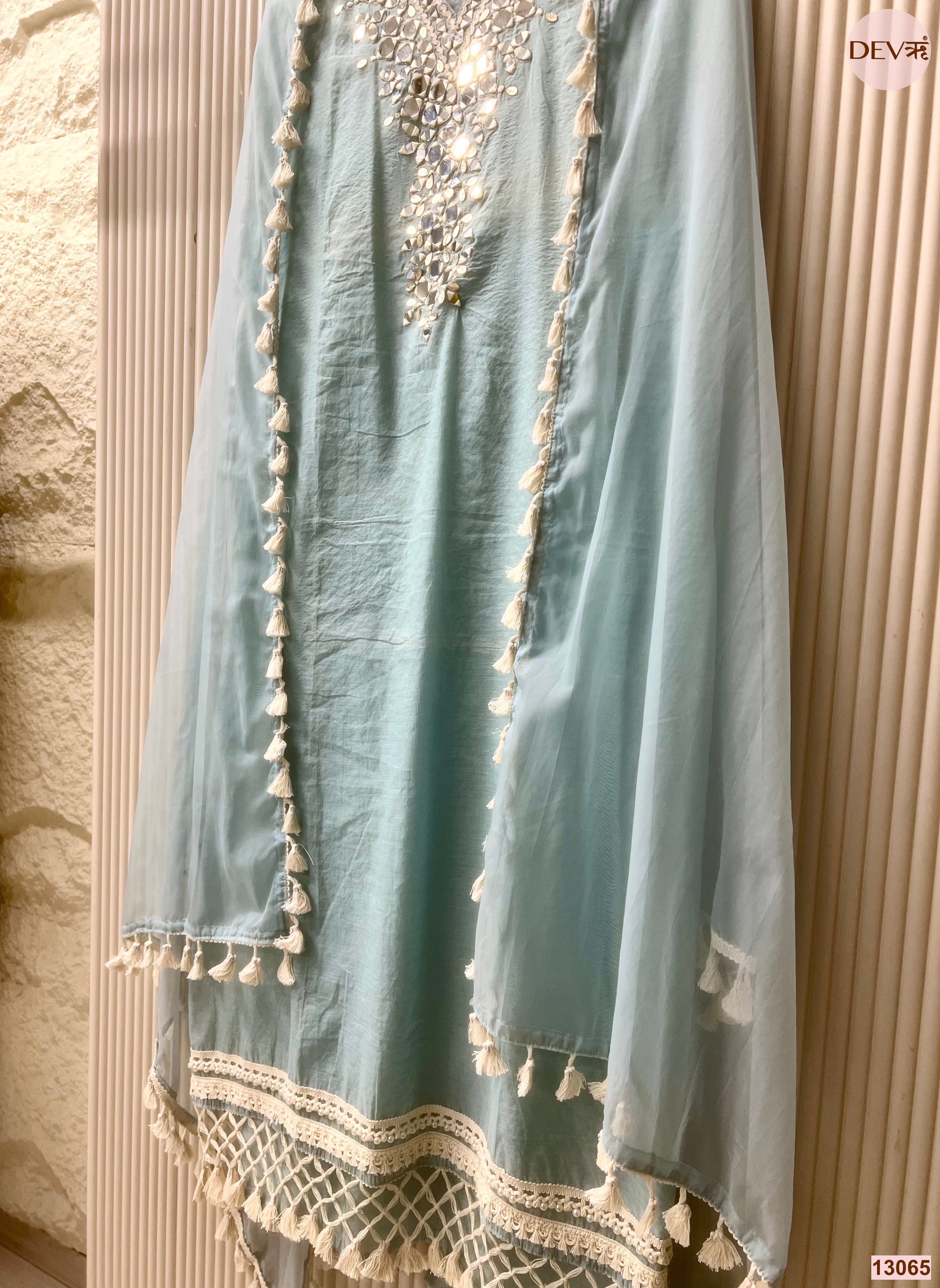 Blue Mul Cotton Hand Unstitched 3-Piece Suit (Devri – D.No 13065)
