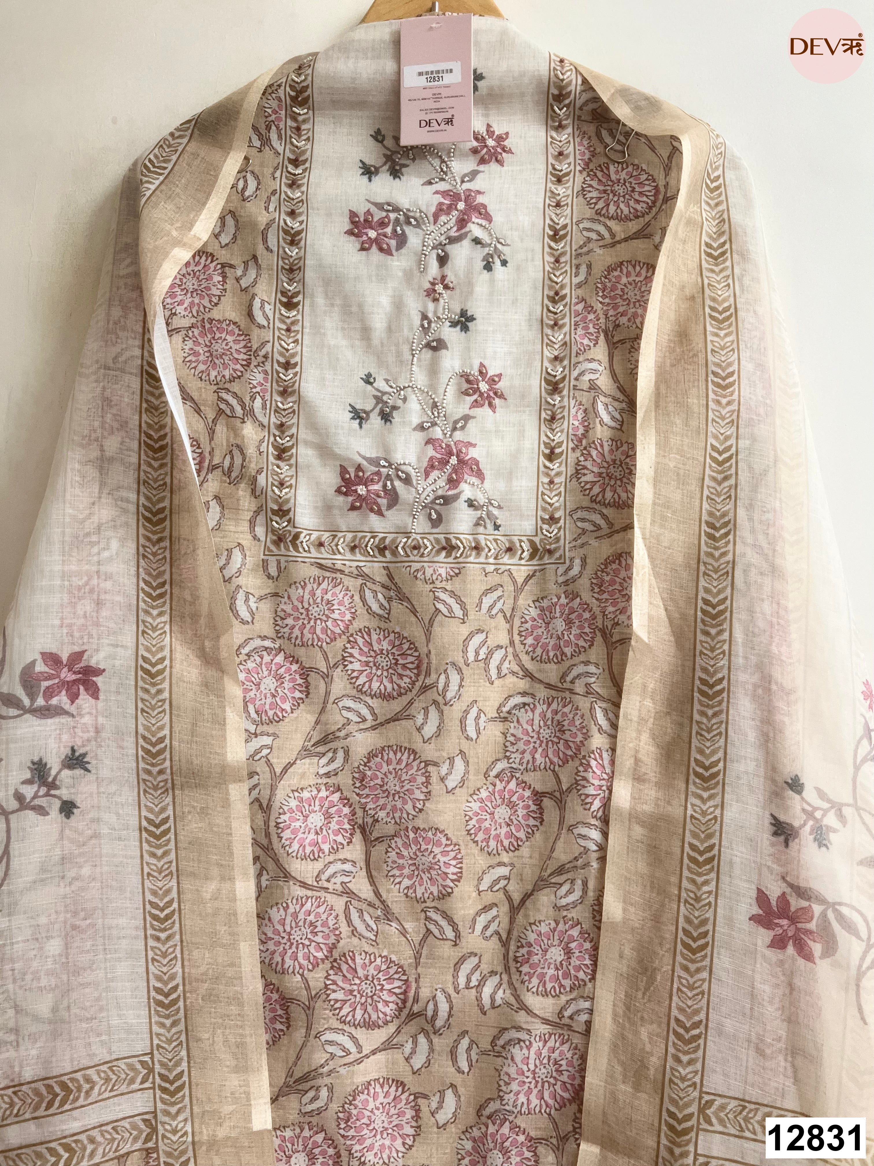 Beige Linen Cotton Printed Unstitched 3-Piece Suit (Devri – D.No 12831)