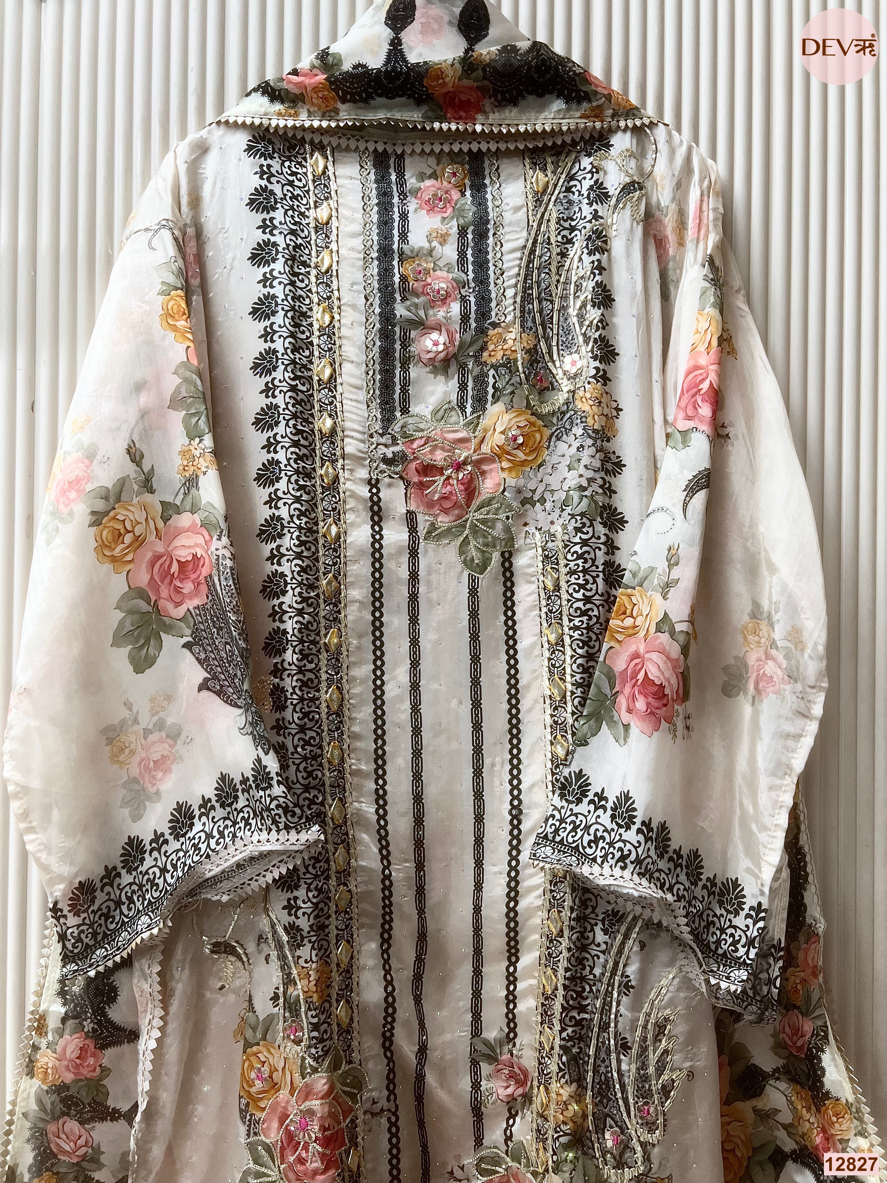 White Glass Organza Silk Printed Unstitched 3-Piece Suit (Devri – D.No 12827)