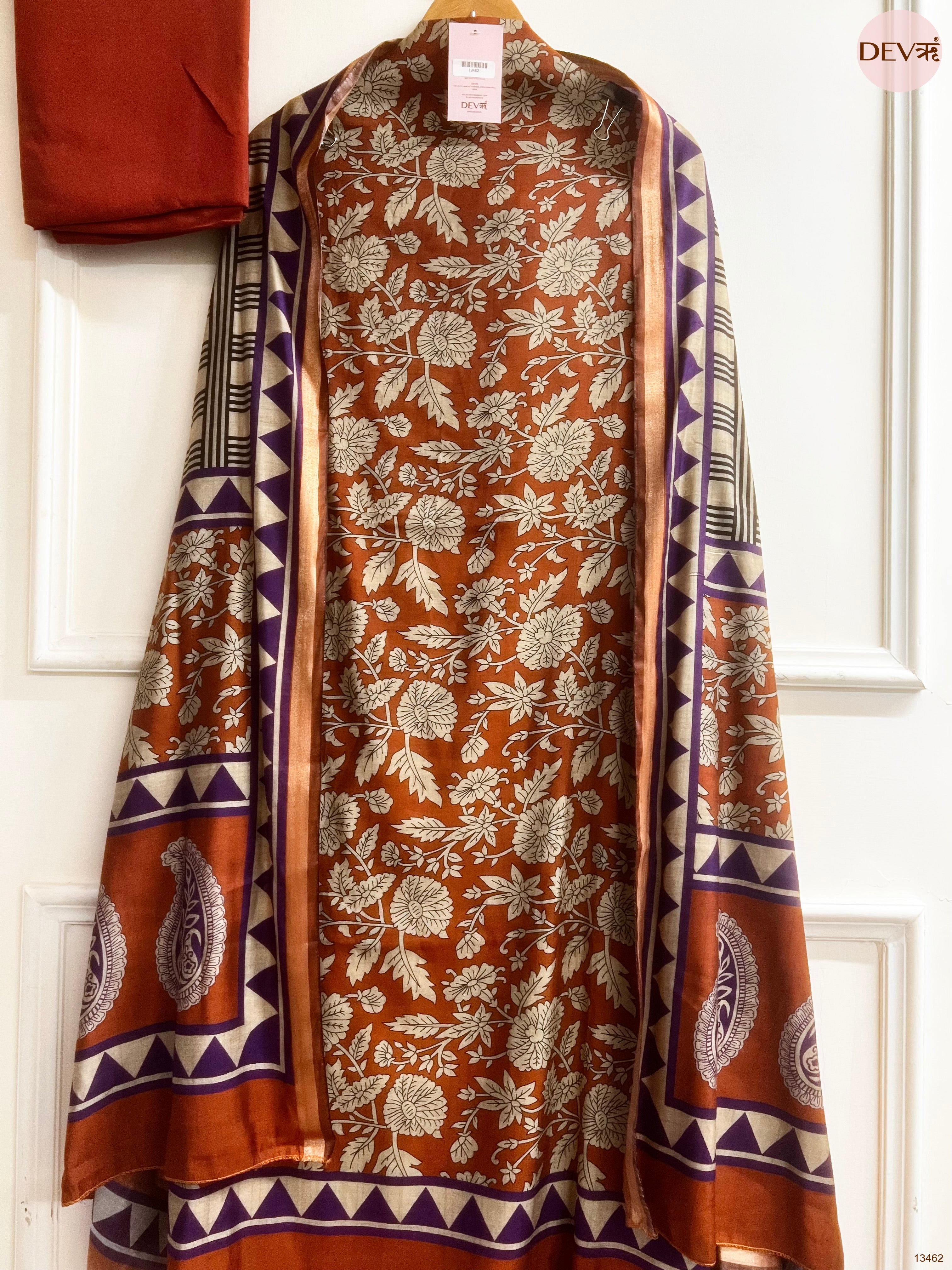 Rust Maheshwari Silk Printed Unstitched 3-Piece Suit (Devri – D.No 13462)