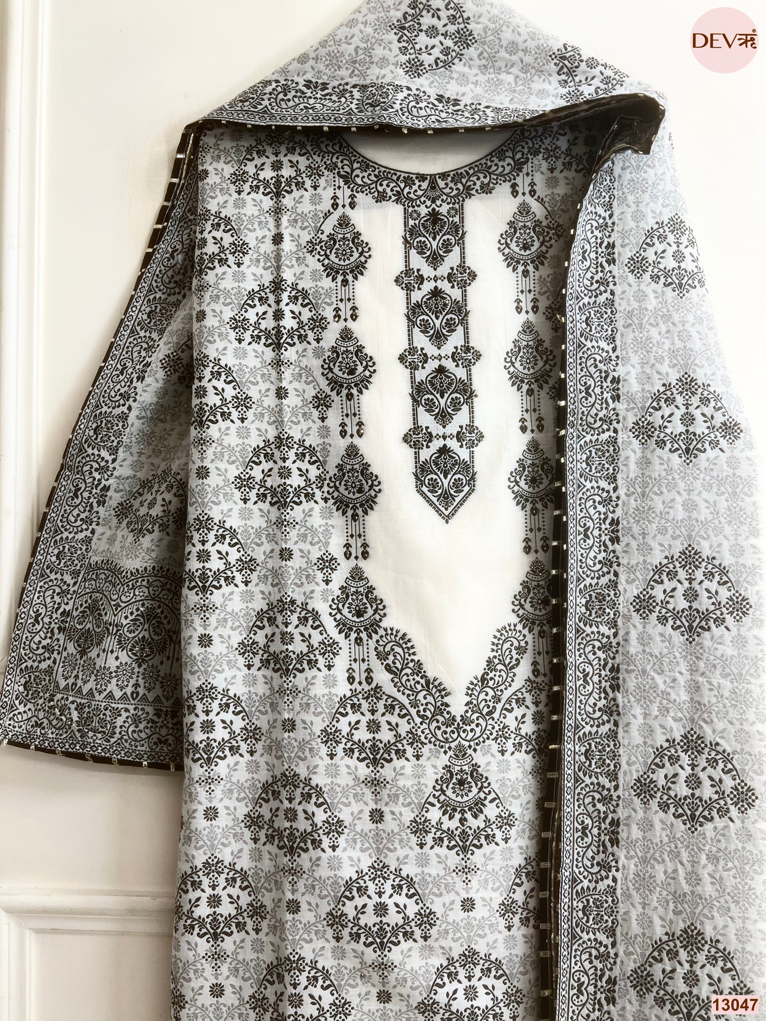 White Cotton Jamdani Printed Unstitched 3-Piece Suit (Devri – D.No 13047)