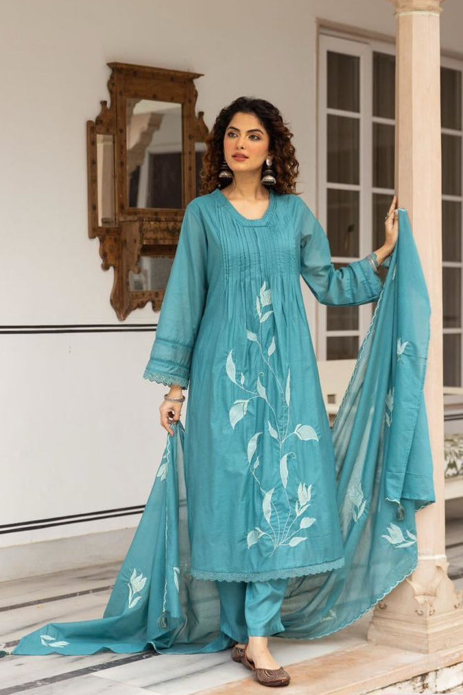 Neelambara Mul cotton Embroidered Teal 3-Piece Set (Devri – D.No 21064)