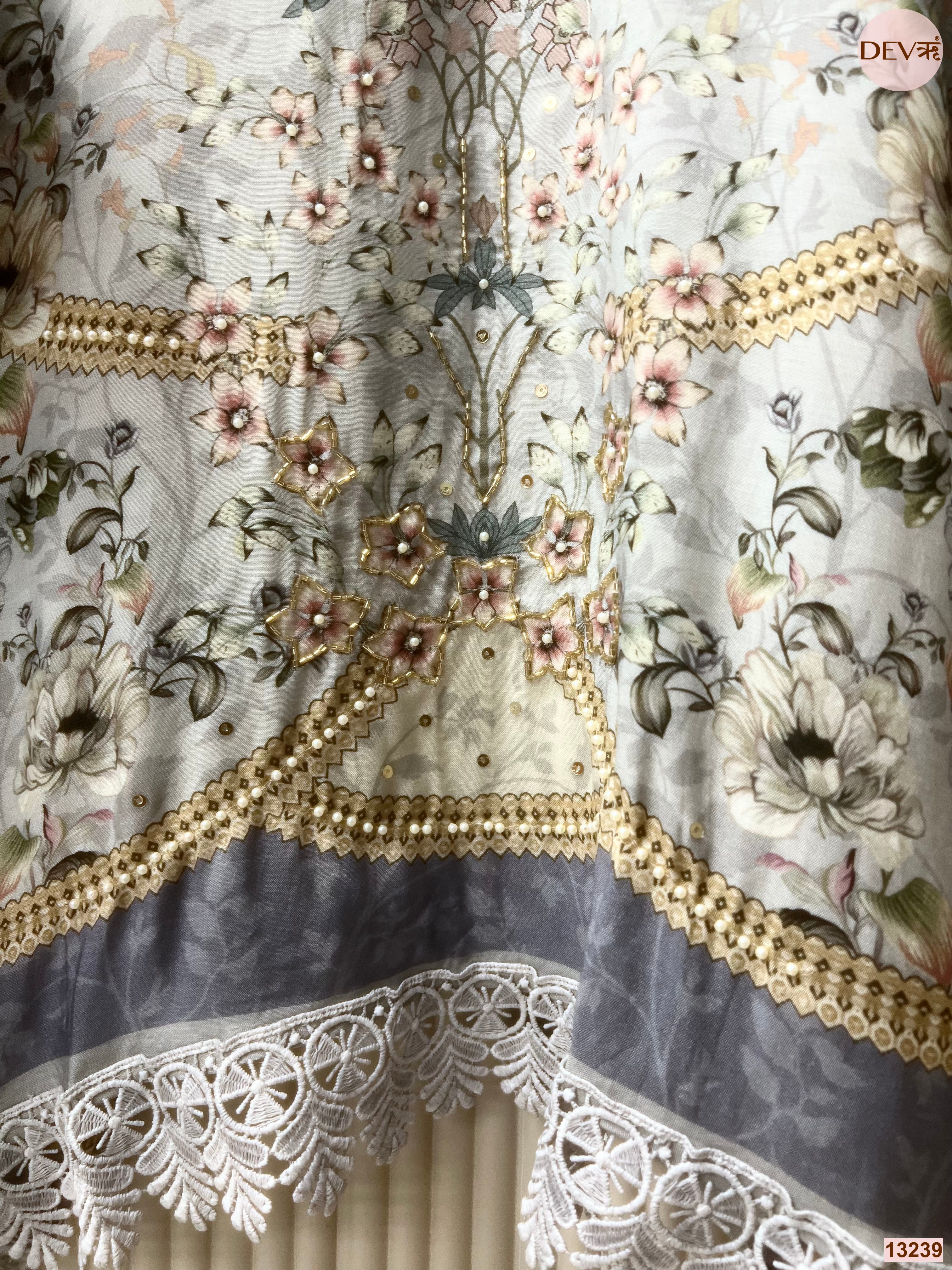 Blue Muslin Printed Unstitched 3-Piece Suit (Devri – D.No 13239)