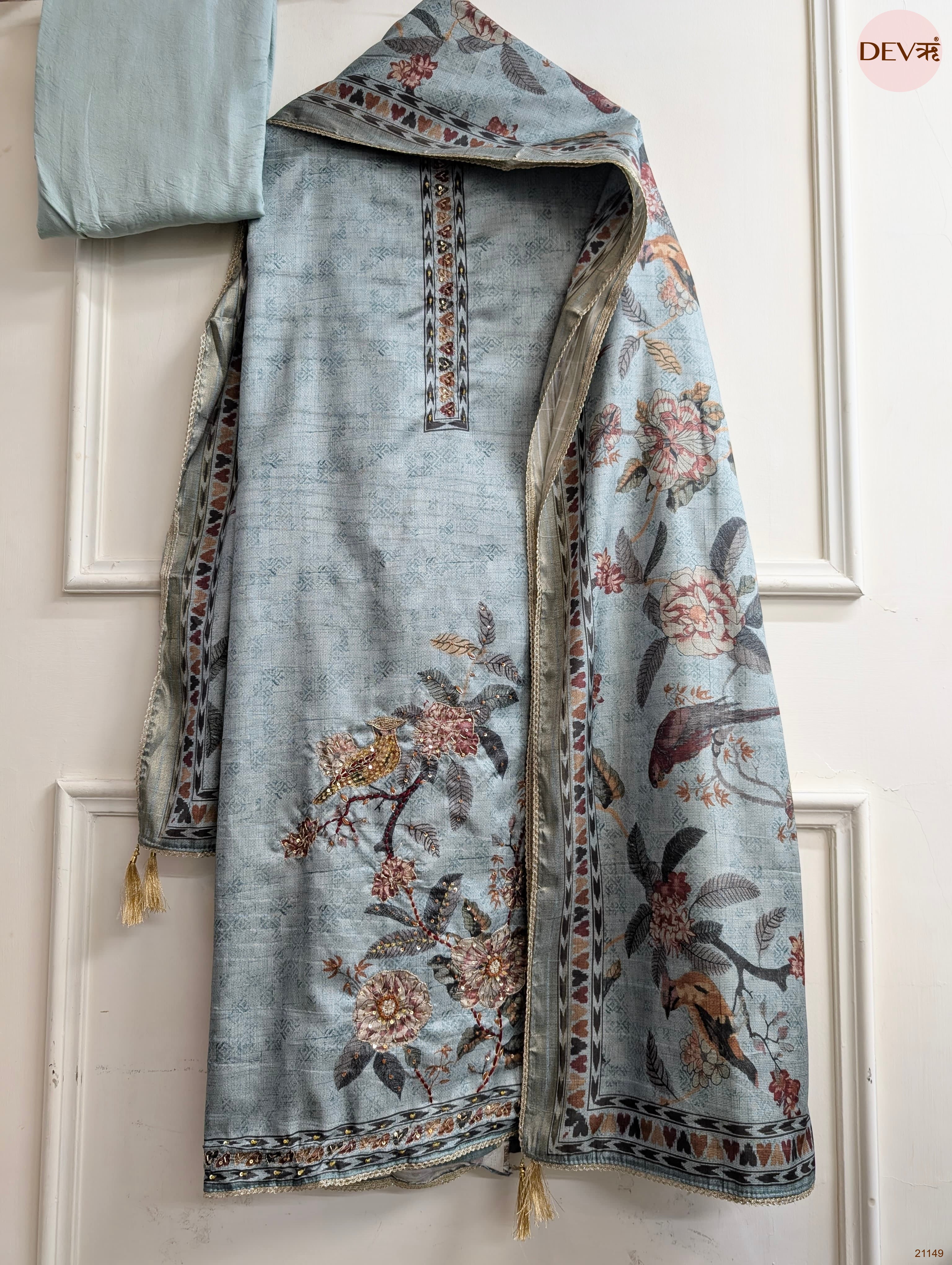 Blue Mul Chanderi Silk Printed Unstitched 3-Piece Suit (Devri – D.No 21149)