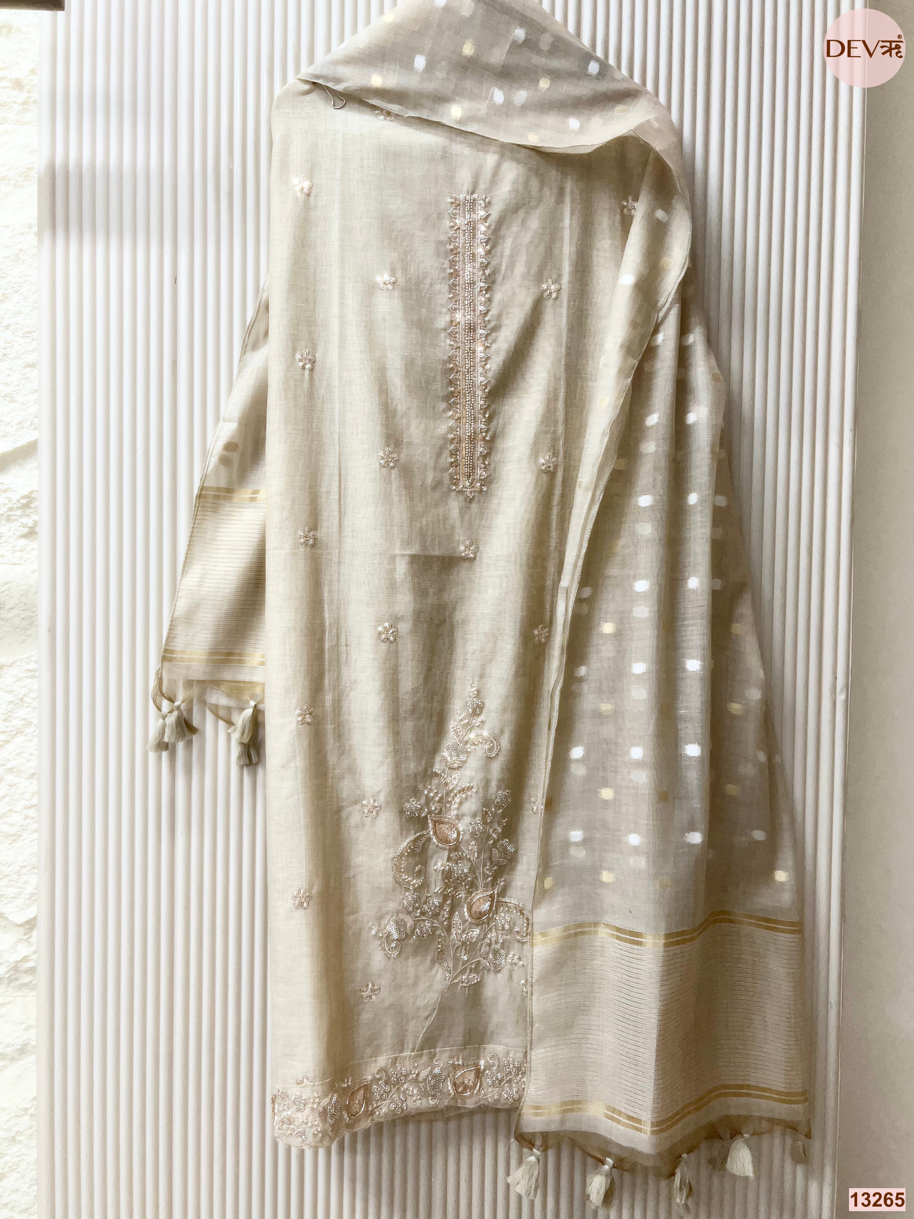 Cream Mul Chanderi Embroidered Unstitched 3-Piece Suit (Devri – D.No 13265)