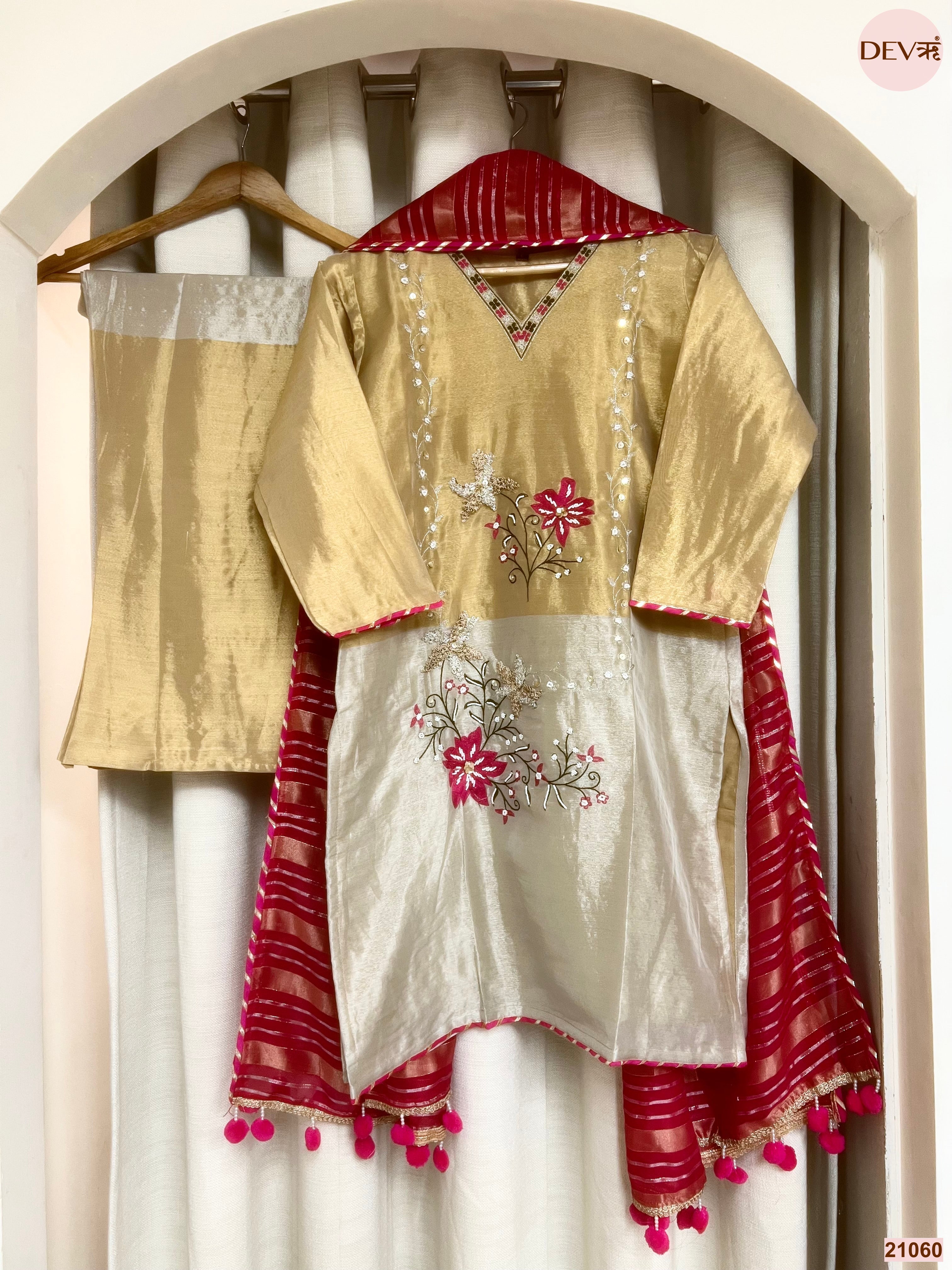 Ruhani Tissue Silk Embroidered Beige 3-Piece Set (Devri – D.No 21060)