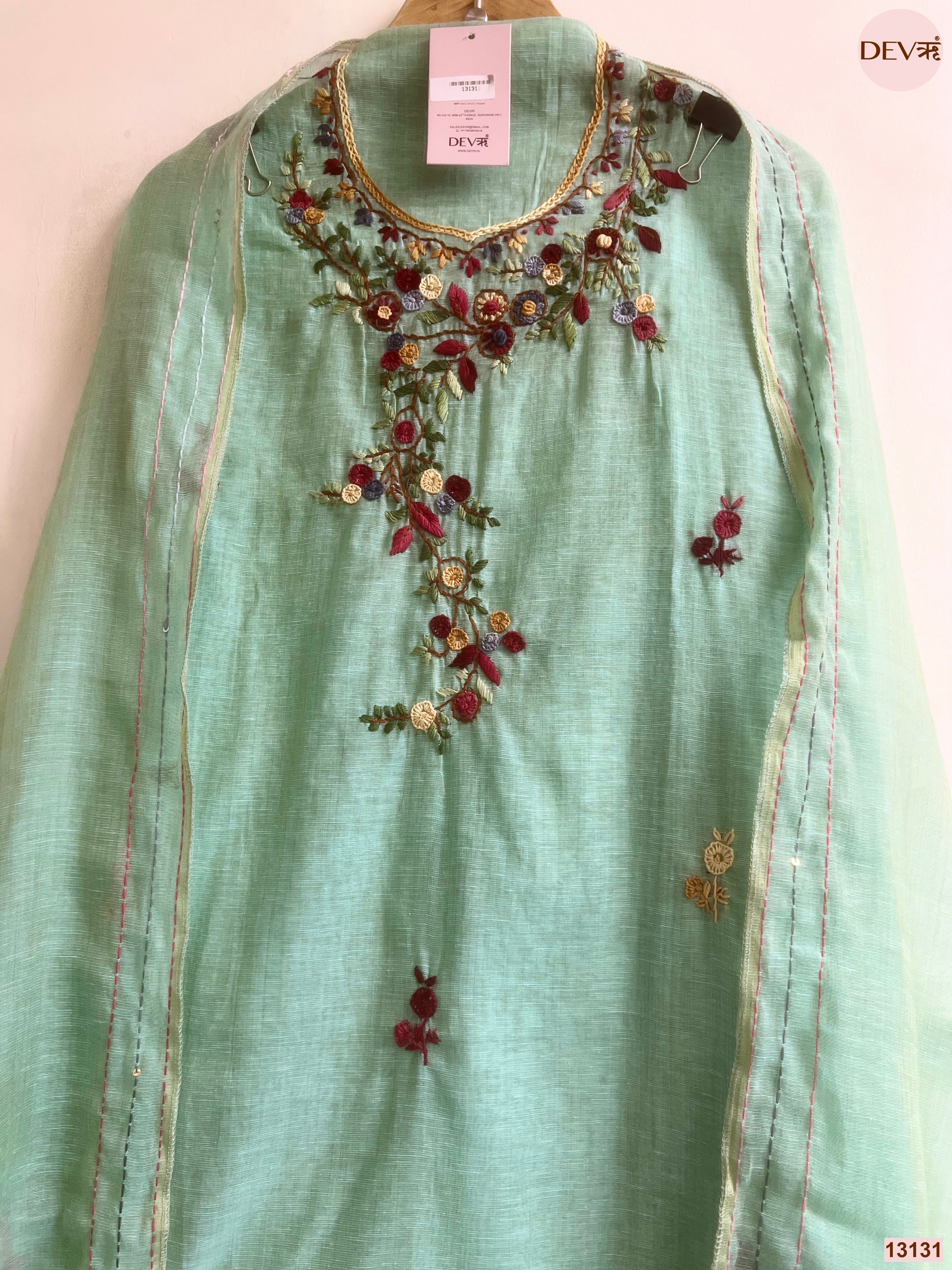 Mint Jamdani Cotton Embroidered Unstitched 3-Piece Suit (Devri – D.No 13131)