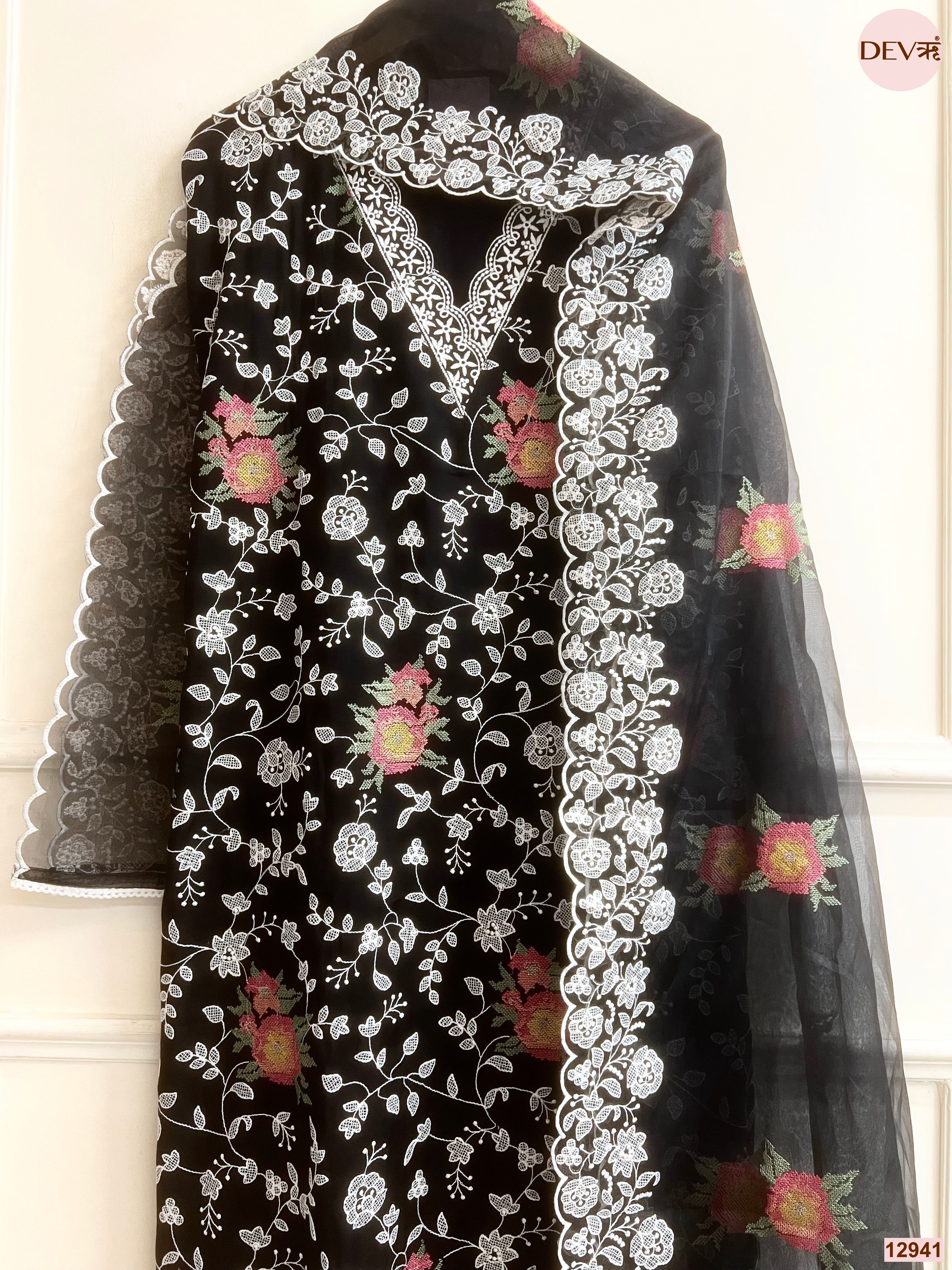 Black Organza Embroidered Unstitched 3-Piece Suit (Devri – D.No 12941)