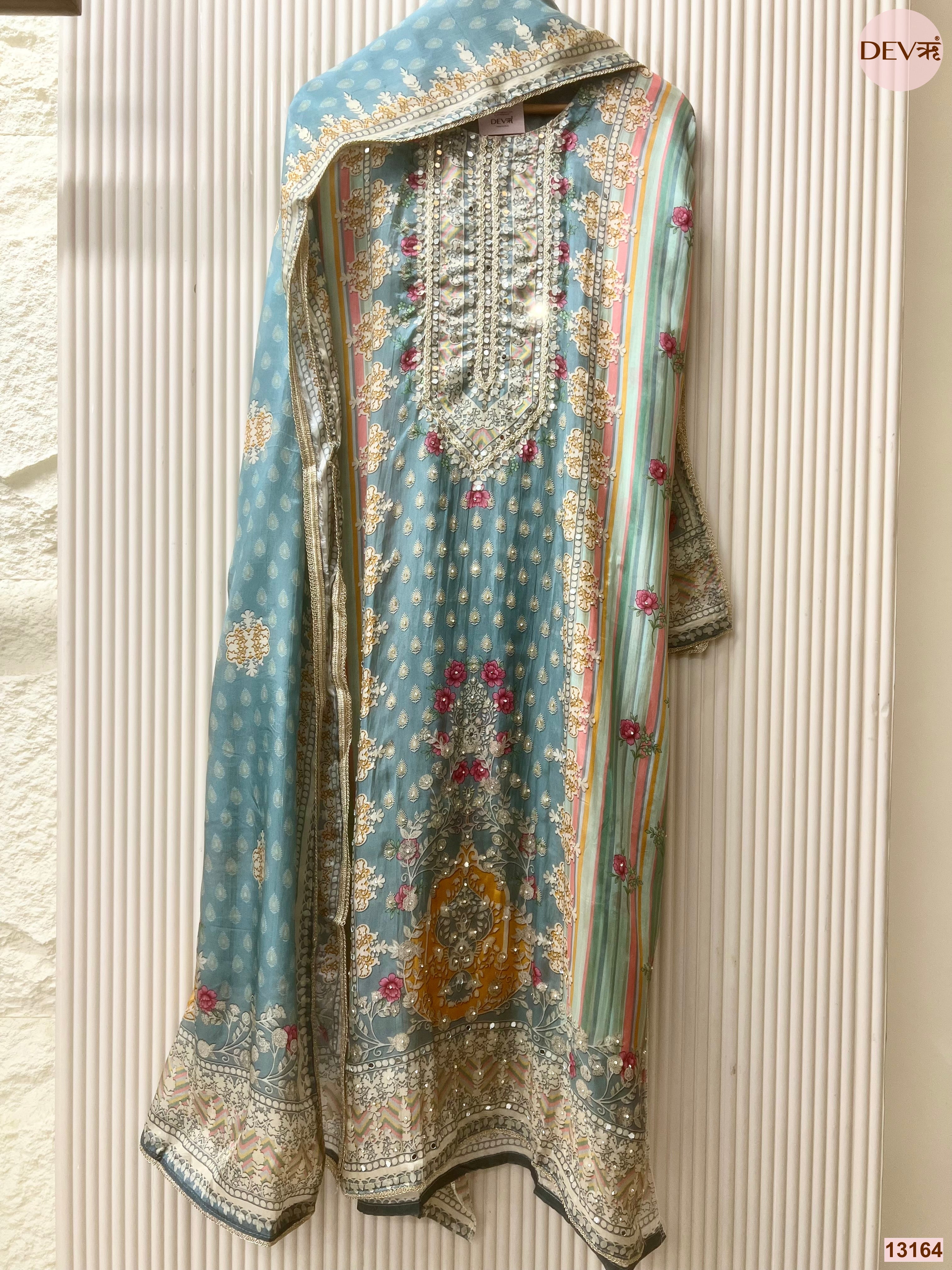 Blue Tissue Organza Printed Unstitched 3-Piece Suit (Devri – D.No 13164)