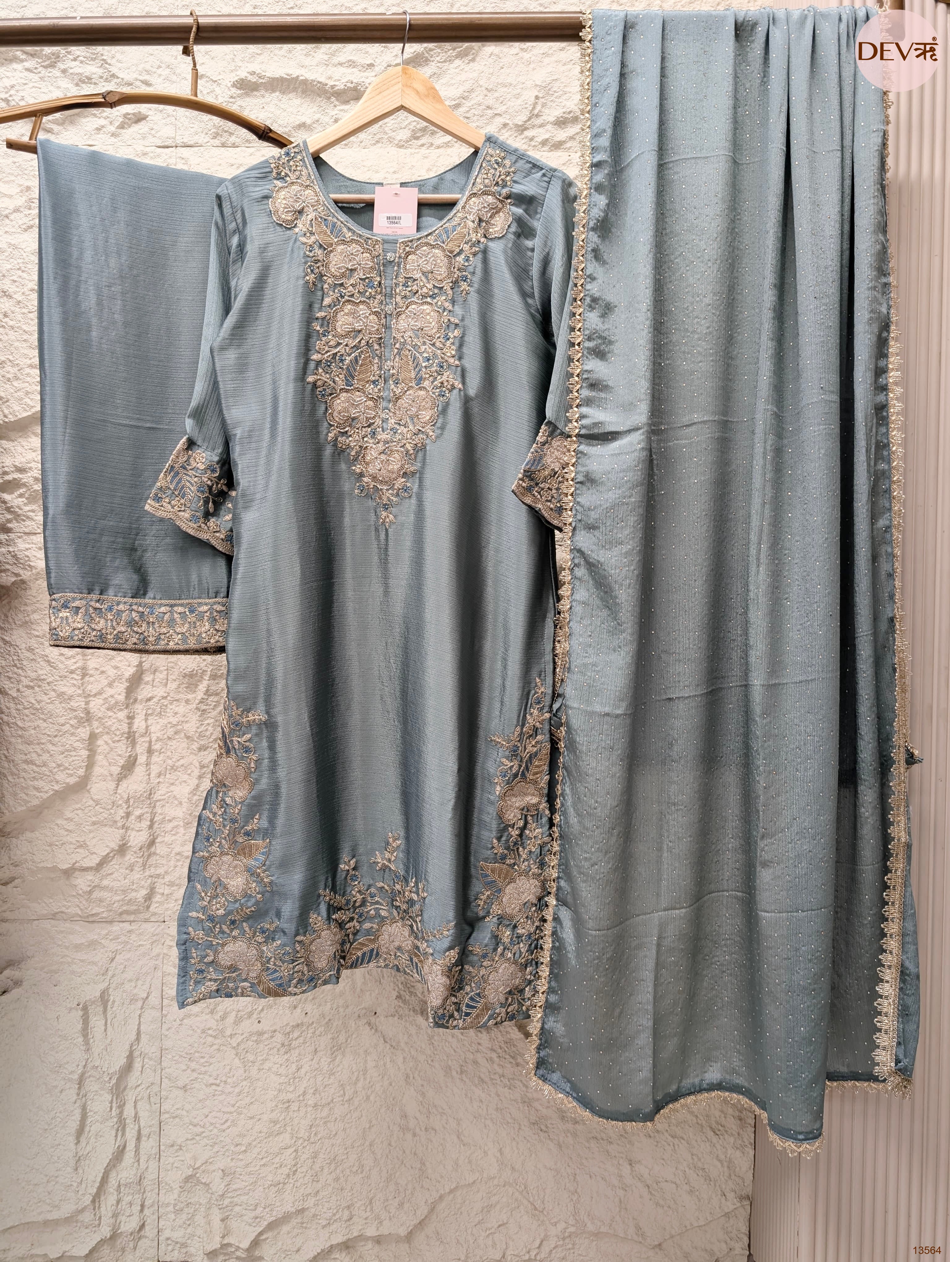 Gulnaar Chinon Embroidered Dusty Blue 3-Piece Set (Devri – D.No 13564)
