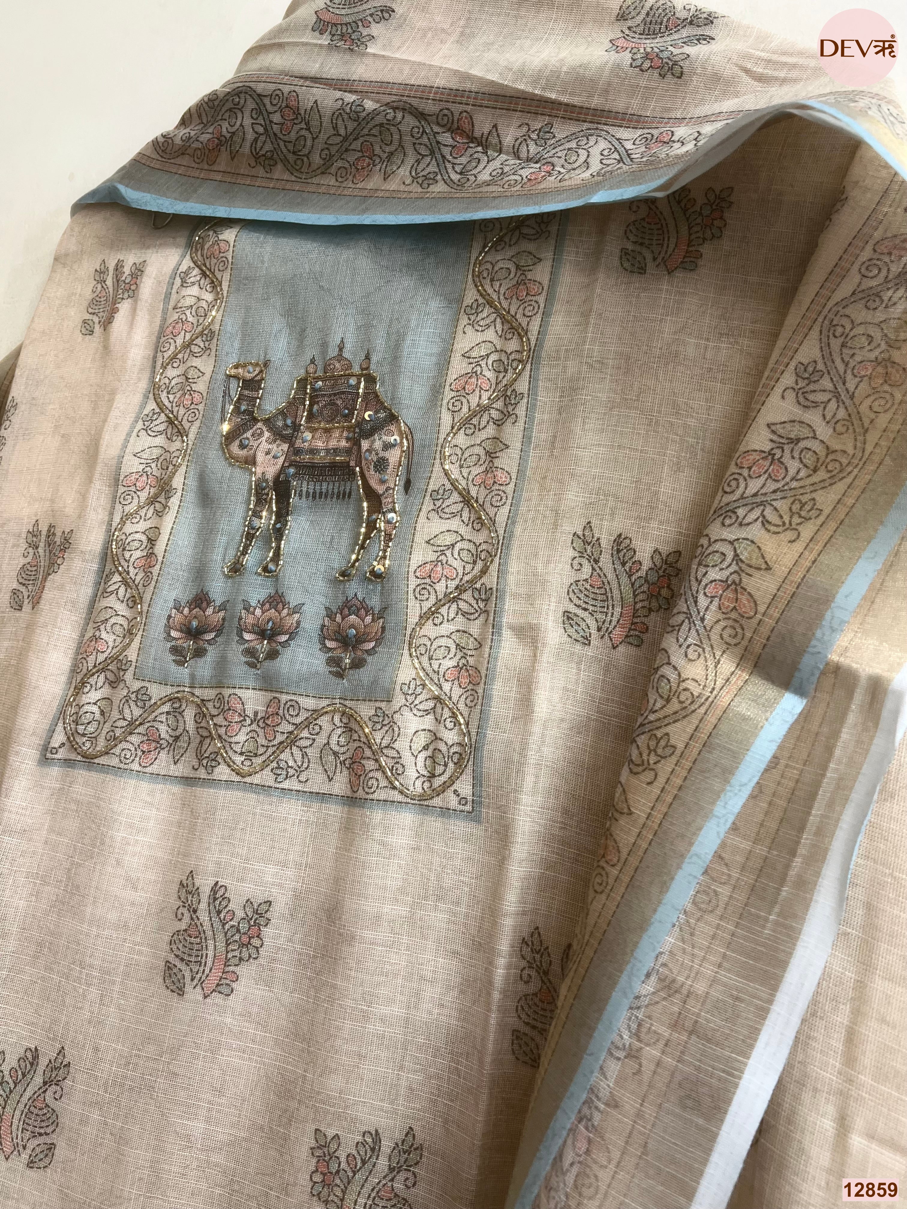 Blue Linen Cotton Printed Unstitched 3-Piece Suit (Devri – D.No 12859)