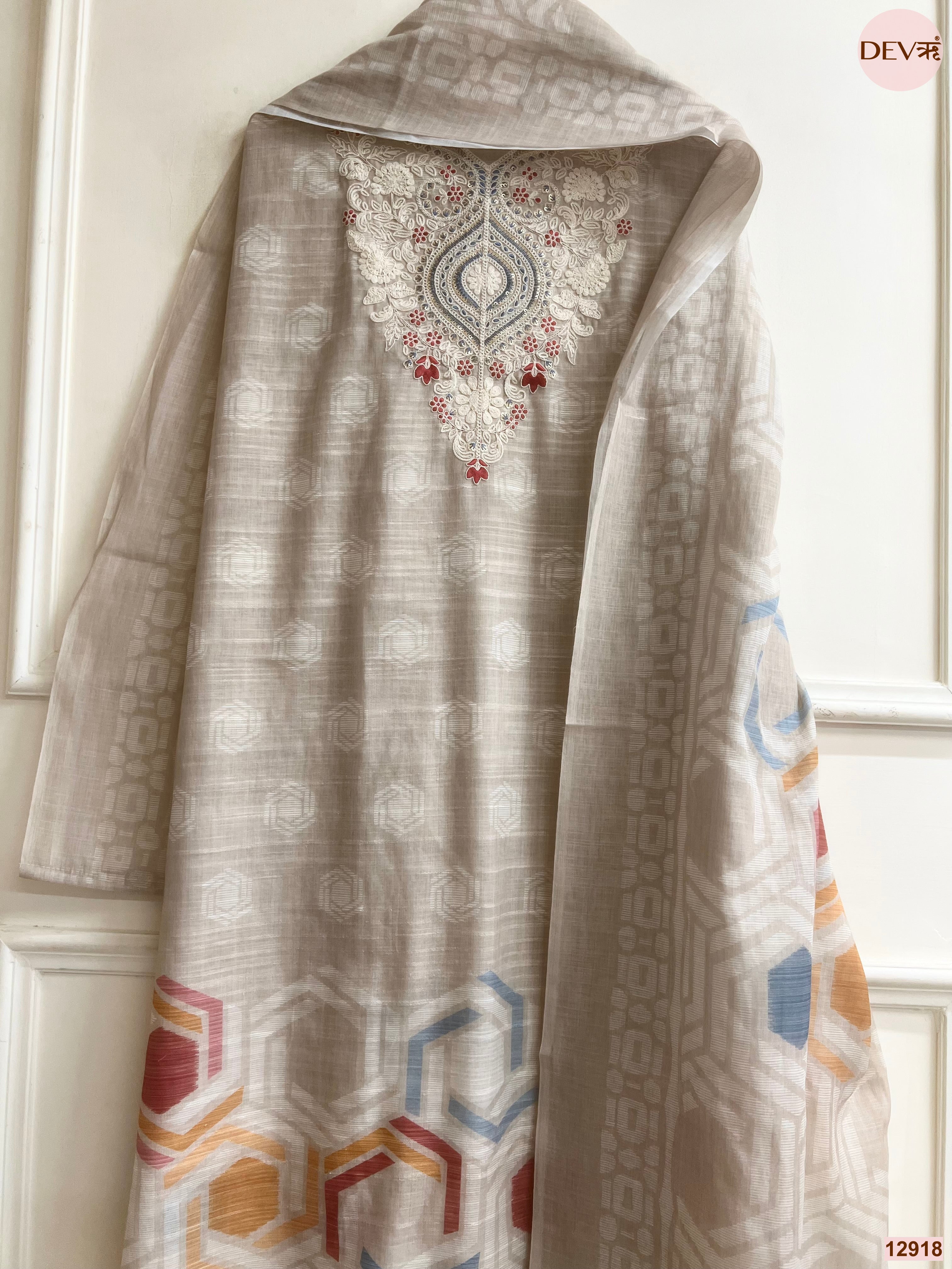 Beige Jamdani Cotton Embroidered Unstitched 3-Piece Suit (Devri – D.No 12918)