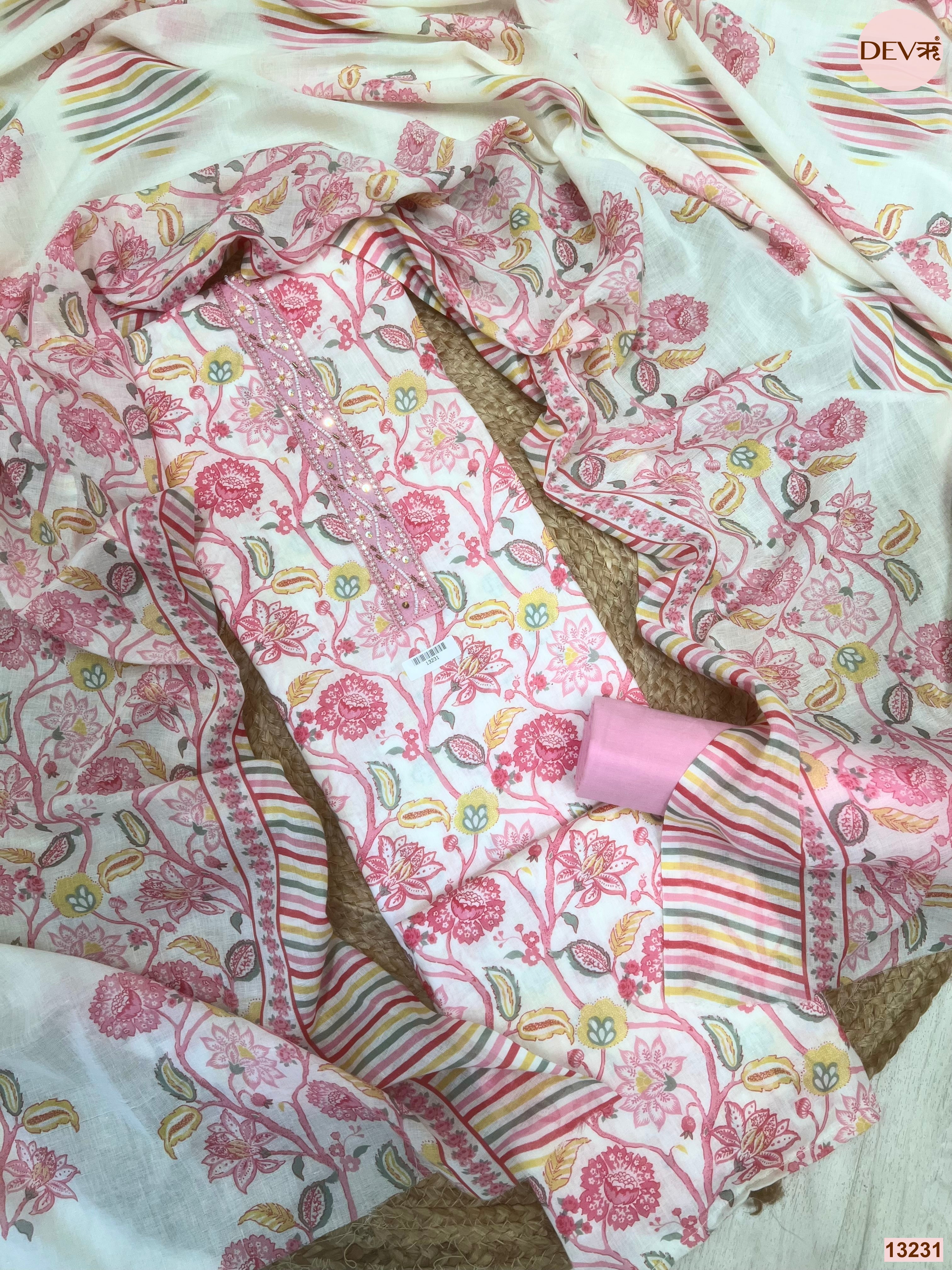 Pink Cotton Printed Unstitched 3-Piece Suit (Devri – D.No 13231)