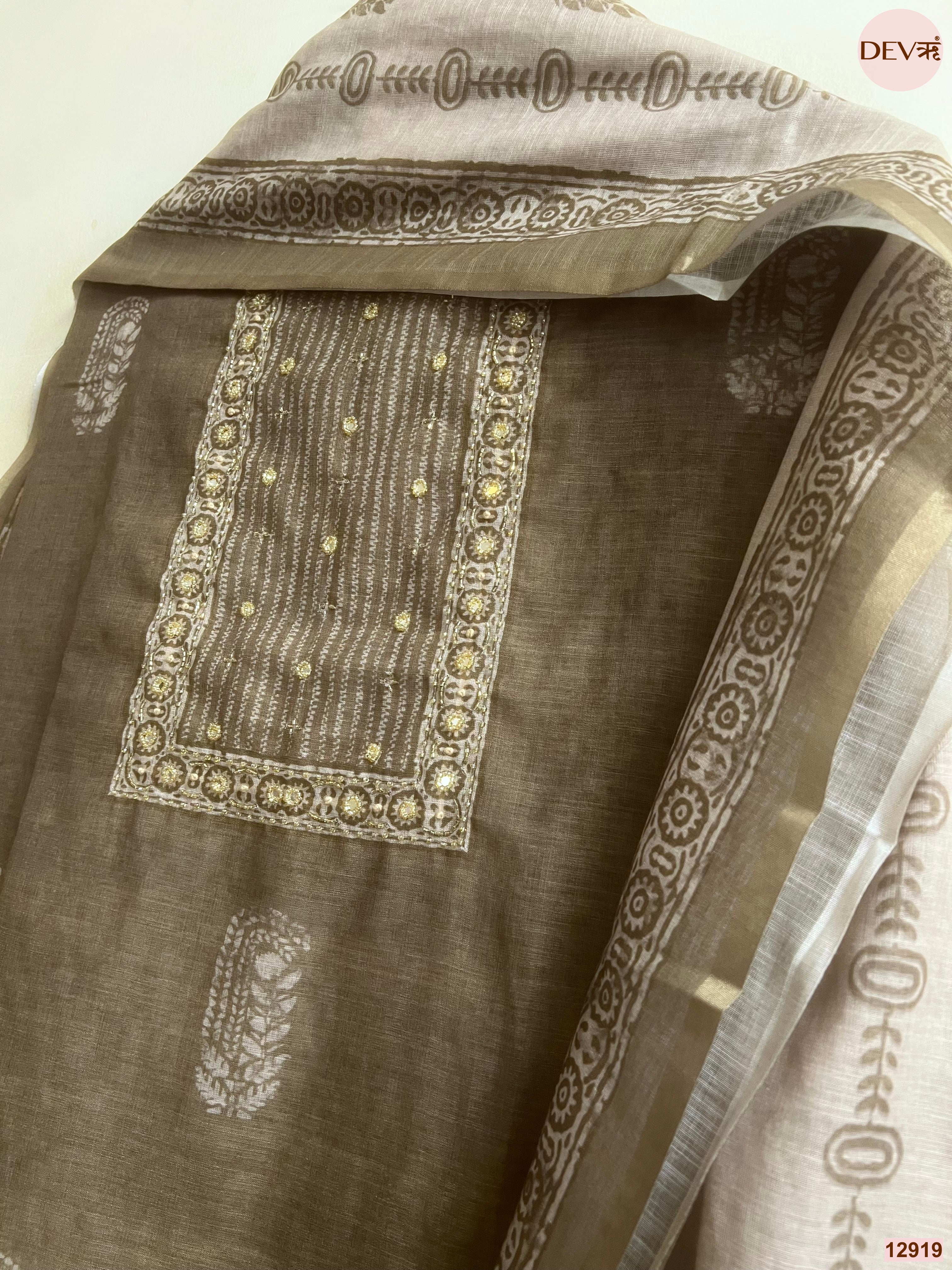 Brown Linen Cotton Printed Unstitched 3-Piece Suit (Devri – D.No 12919)
