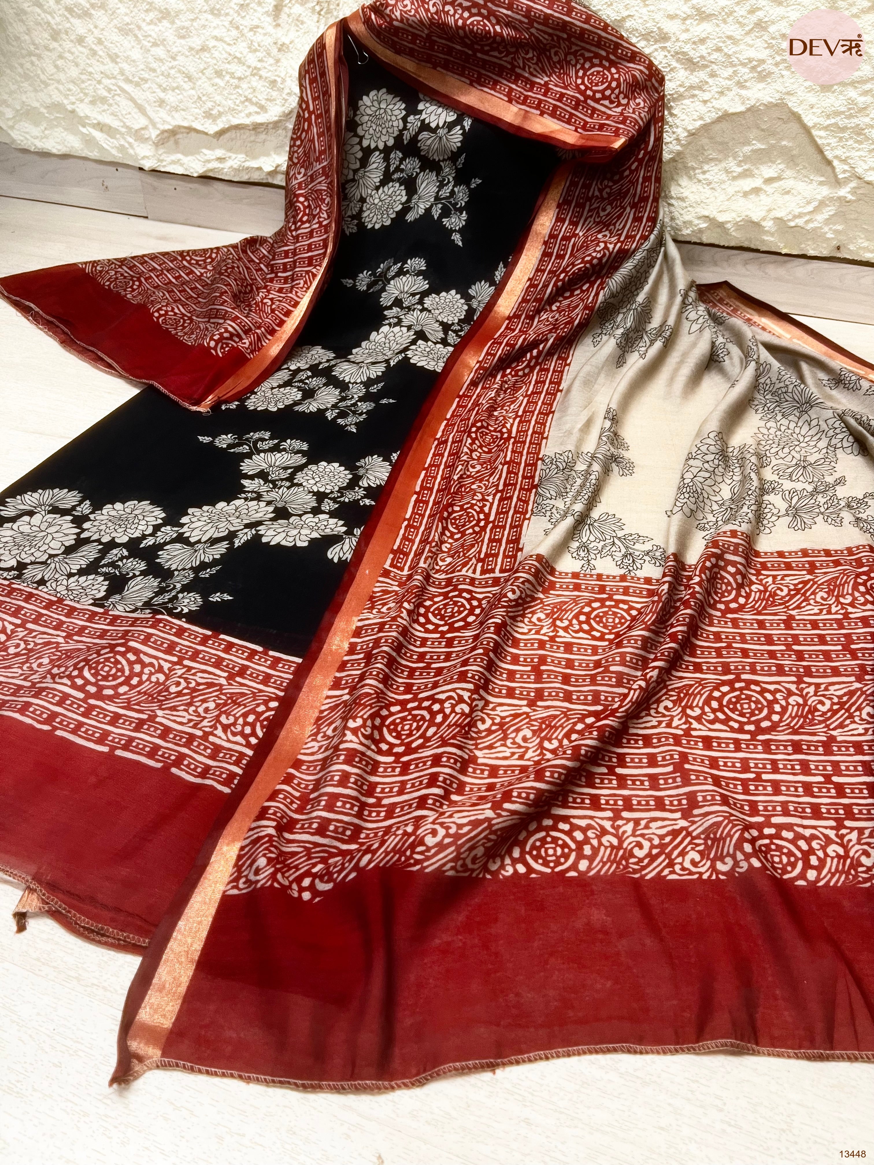 Black Maheshwari Silk Printed Unstitched 3-Piece Suit (Devri – D.No 13448)