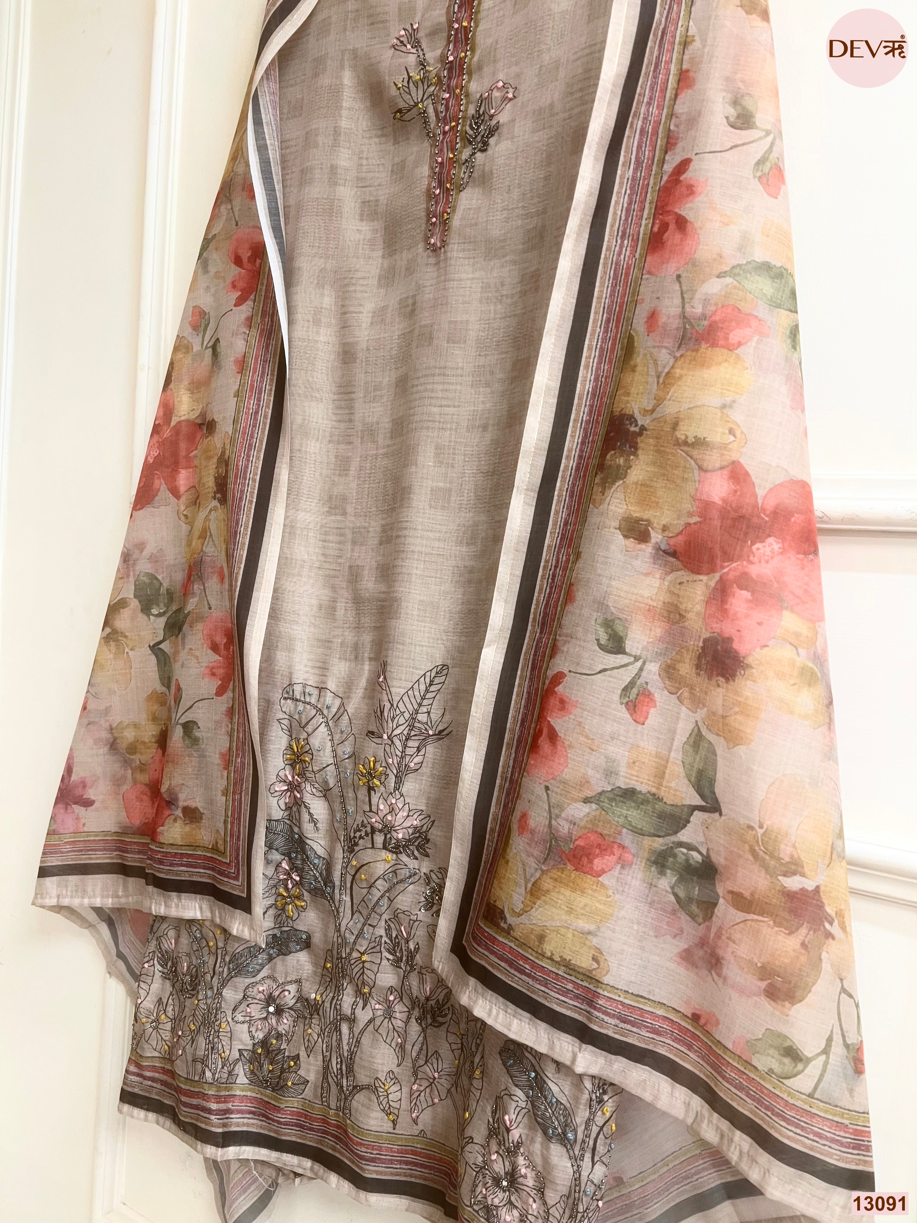 Beige Mul Chanderi Printed Unstitched 3-Piece Suit (Devri – D.No 13091)