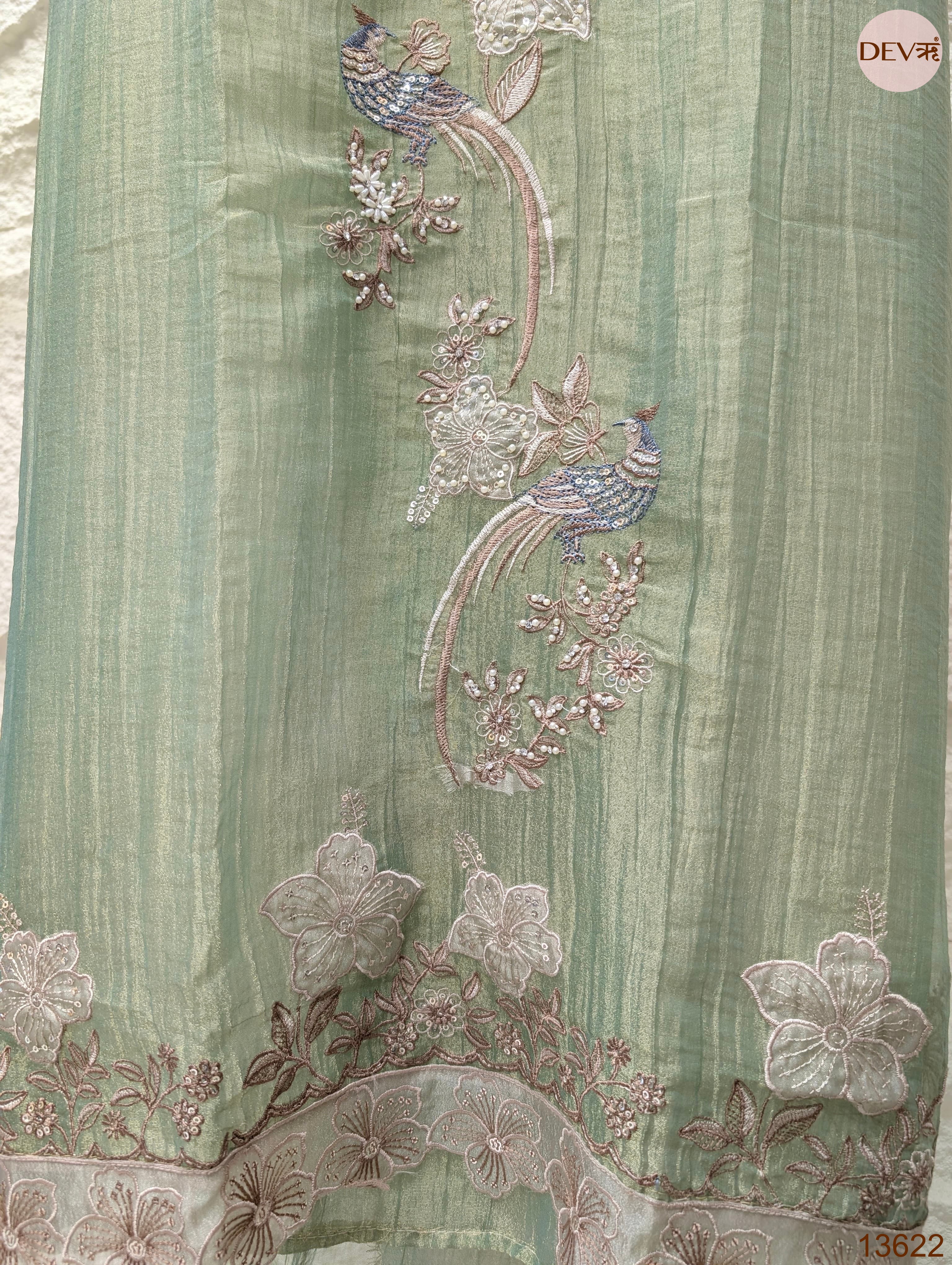 Green Tissue Crush Silk Embroidered Unstitched 3-Piece Suit (Devri – D.No 13622)