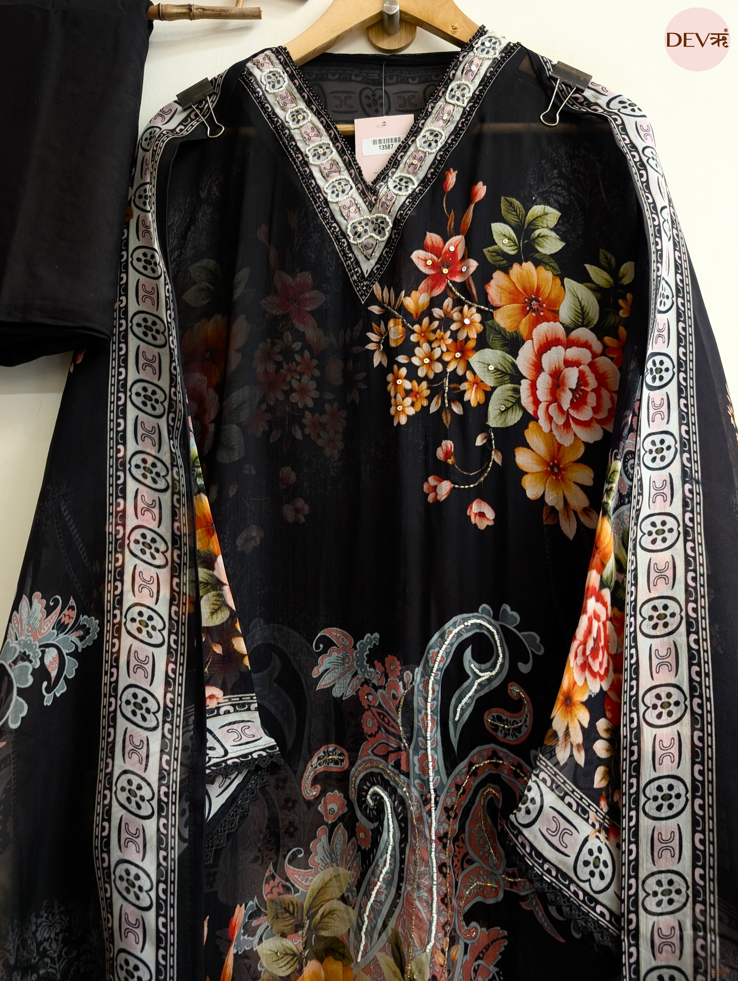 Black Organza Printed Unstitched 3-Piece Suit (Devri – D.No 13587)