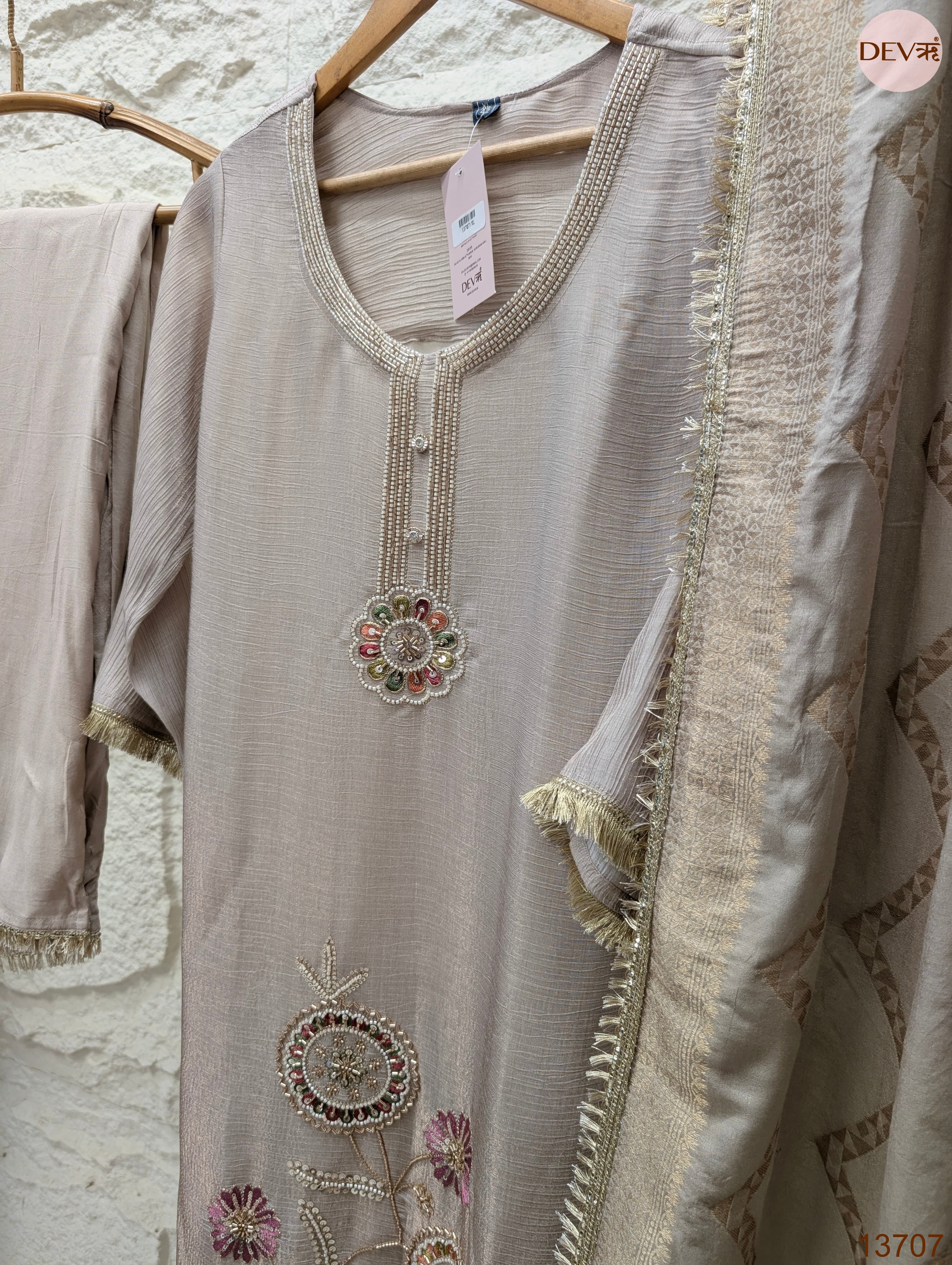 Gulnaar Tissue silk blend Embroidered Beige 3-Piece Set (Devri – D.No 13707)