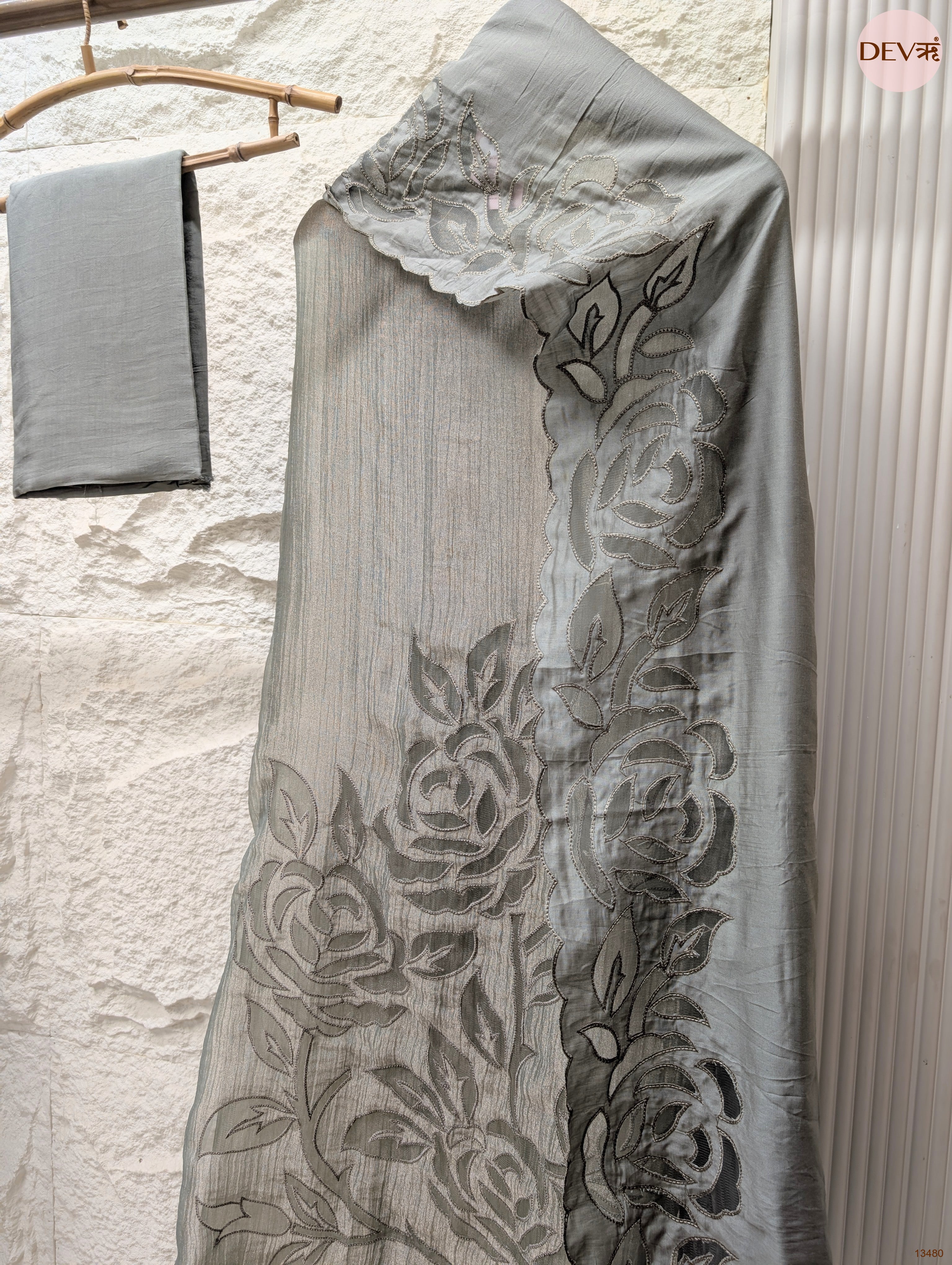 Grey Tissue Crush Silk Embroidered Unstitched 3-Piece Suit (Devri – D.No 13480)