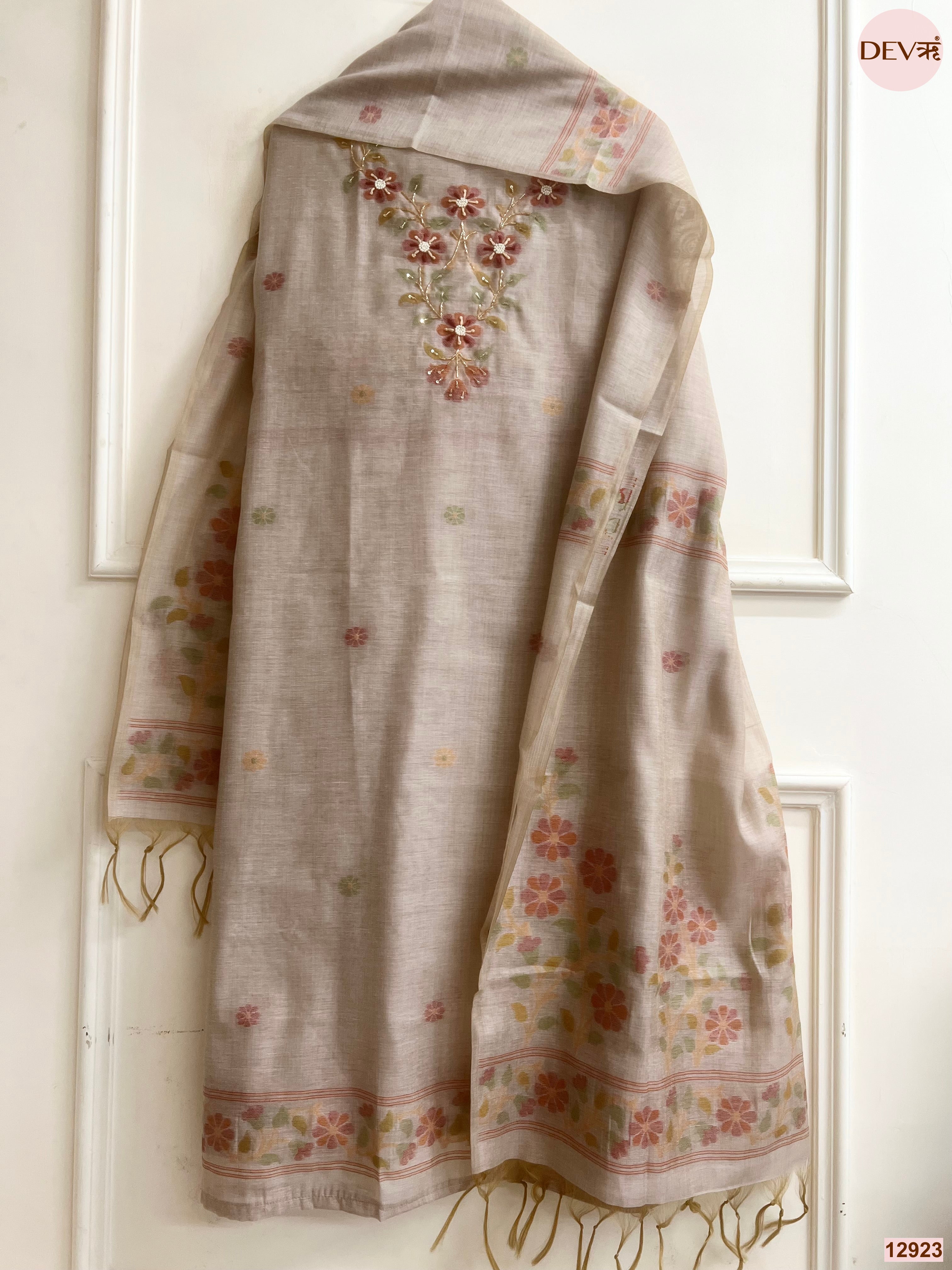 Beige Jamdani Cotton Printed Unstitched 3-Piece Suit (Devri – D.No 12923)