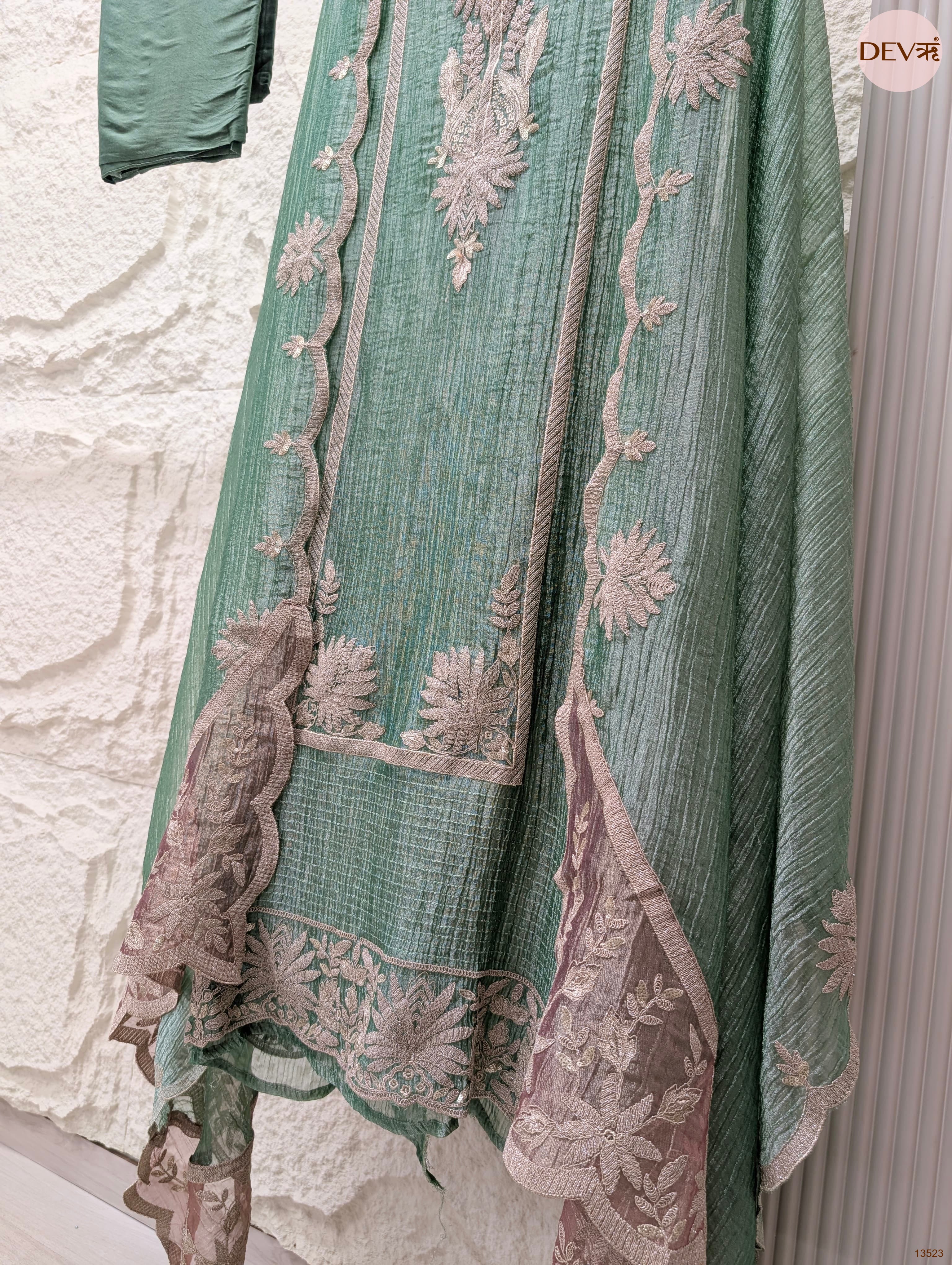 Green Tissue Crush Silk Embroidered Unstitched 3-Piece Suit (Devri – D.No 13523)