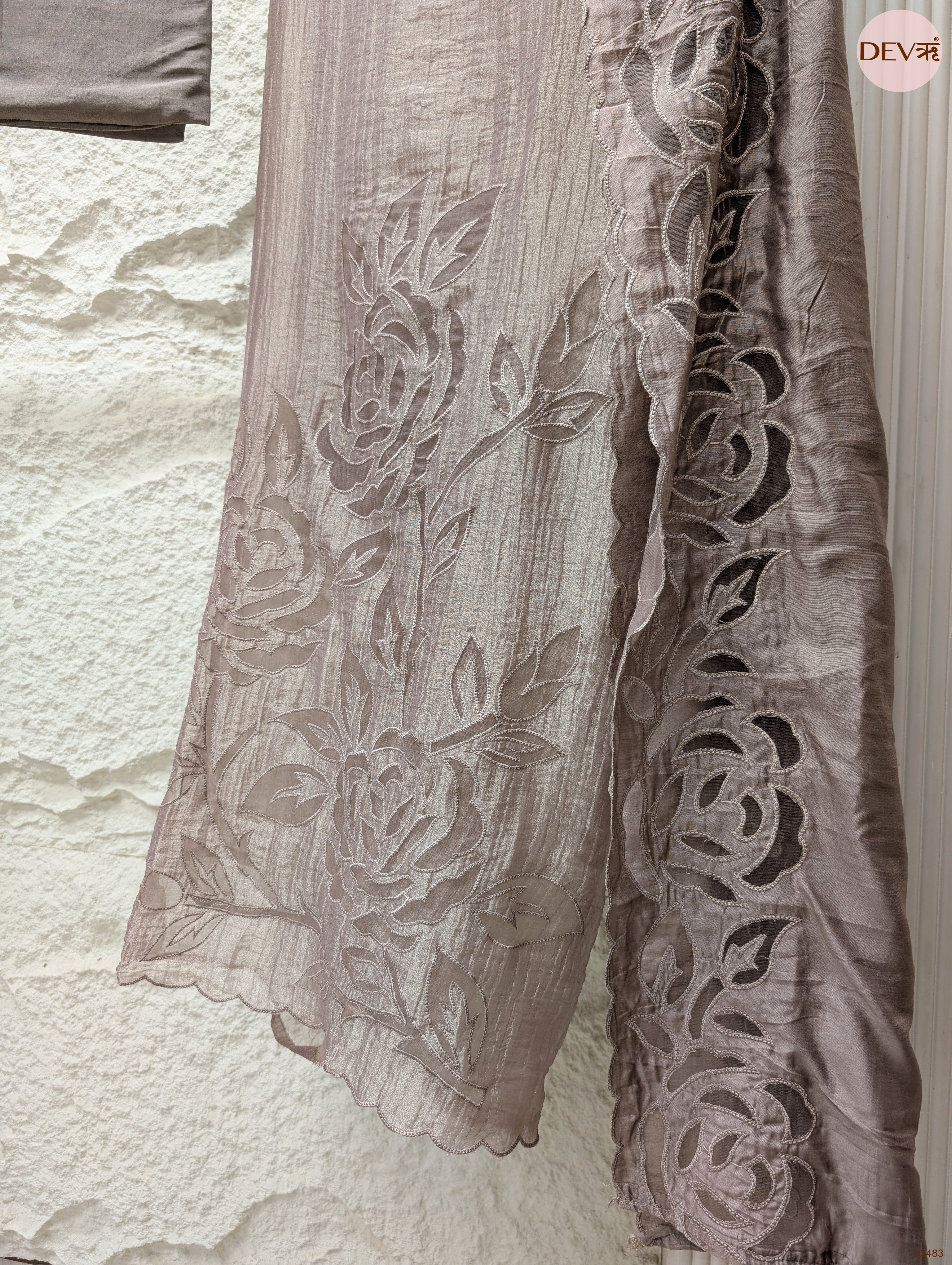 Taupe Tissue Crush Silk Chanderi Embroidered Unstitched 3-Piece Suit (Devri – D.No 13483)