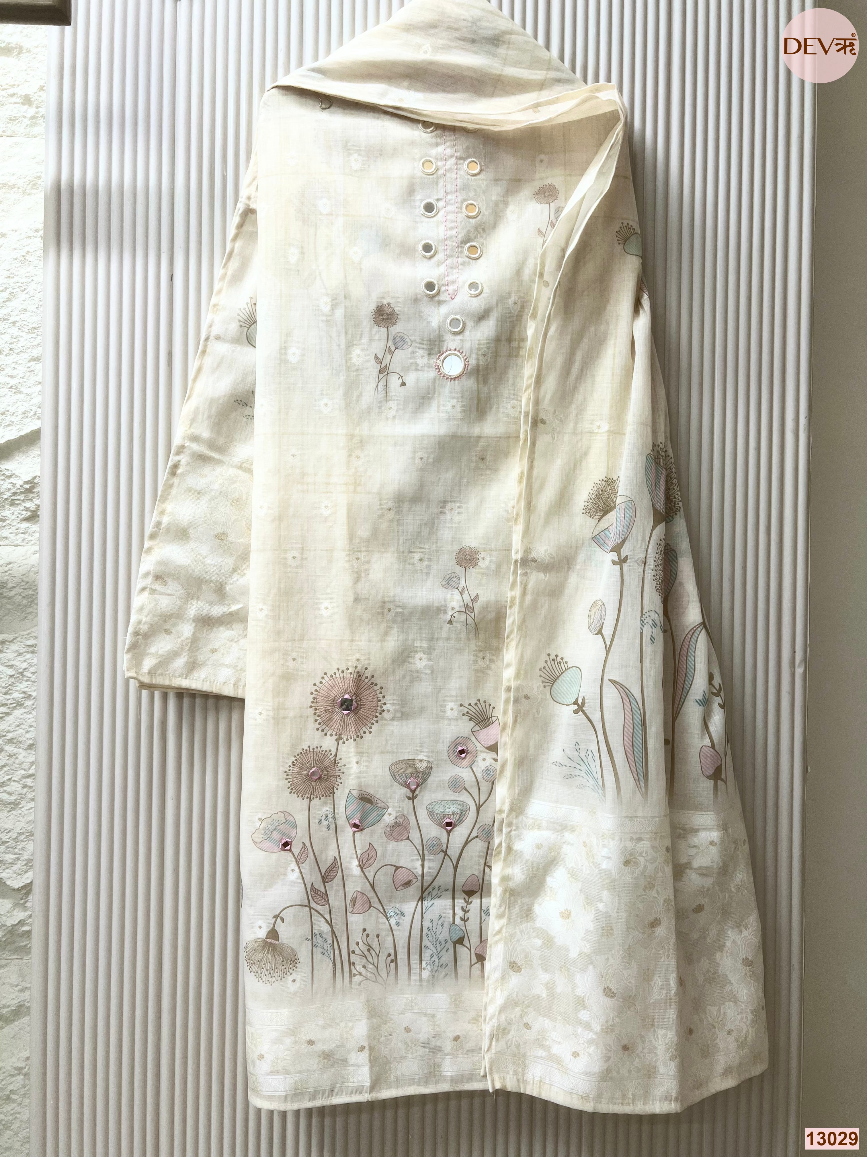 Cream Pure Linen Printed Unstitched 3-Piece Suit (Devri – D.No 13029)