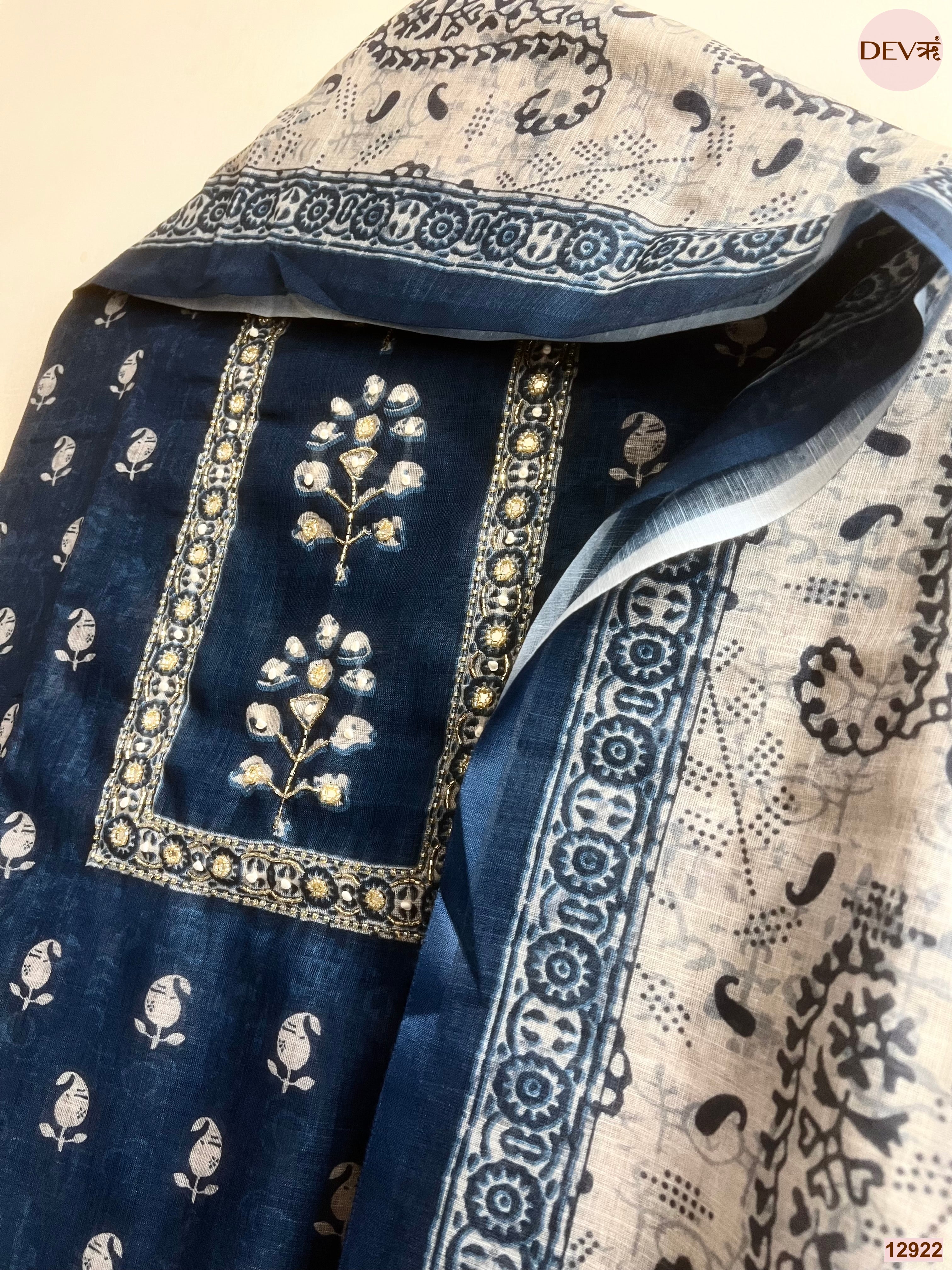 Navy Linen Cotton Printed Unstitched 3-Piece Suit (Devri – D.No 12922)