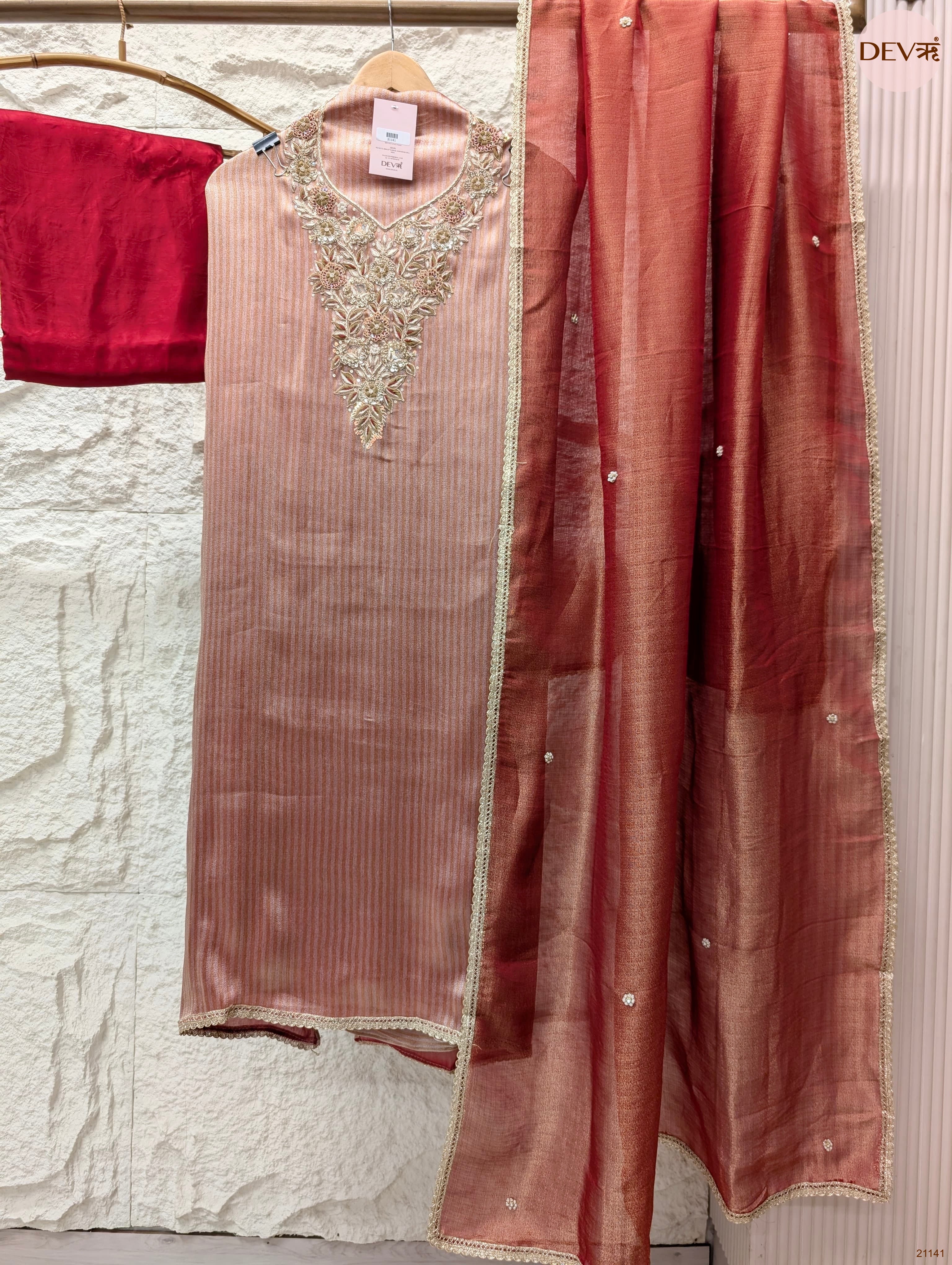 Pink Pure Tissue Silk Embroidered Unstitched 3-Piece Suit (Devri – D.No 21141)