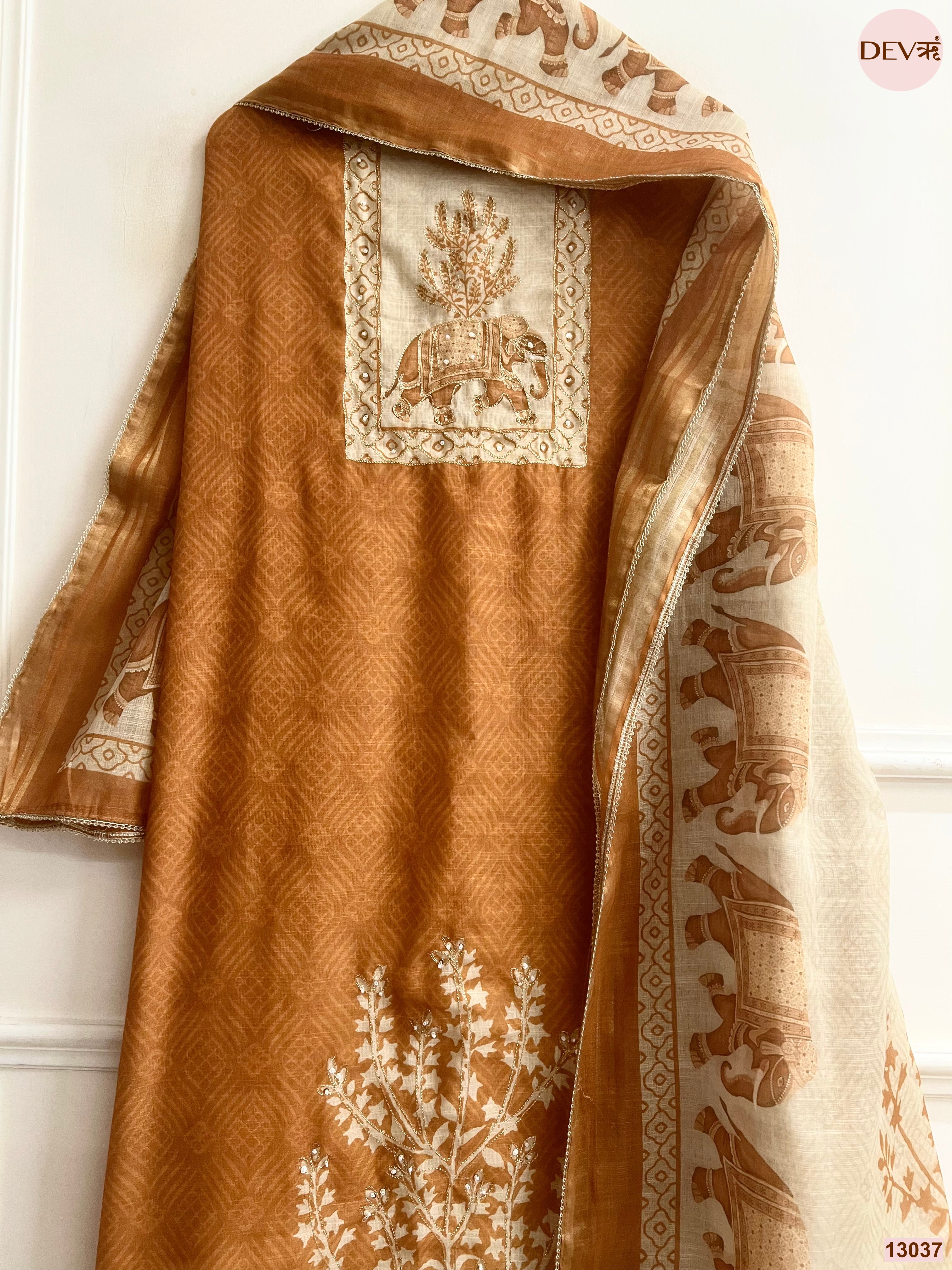 Mustard Linen Cotton Printed Unstitched 3-Piece Suit (Devri – D.No 13037)