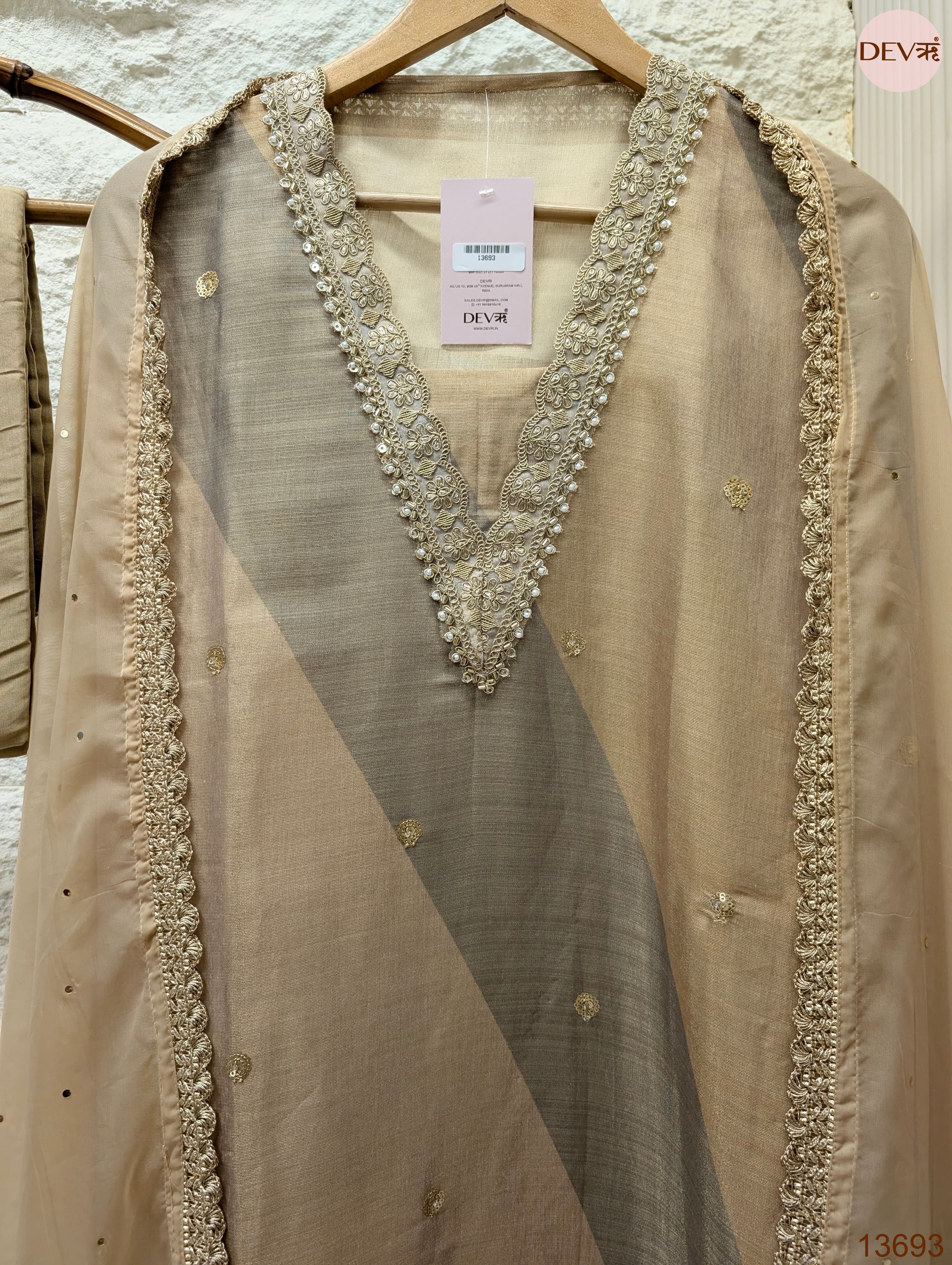 Beige Tissue Silk Embroidered Unstitched 3-Piece Suit (Devri – D.No 13693)