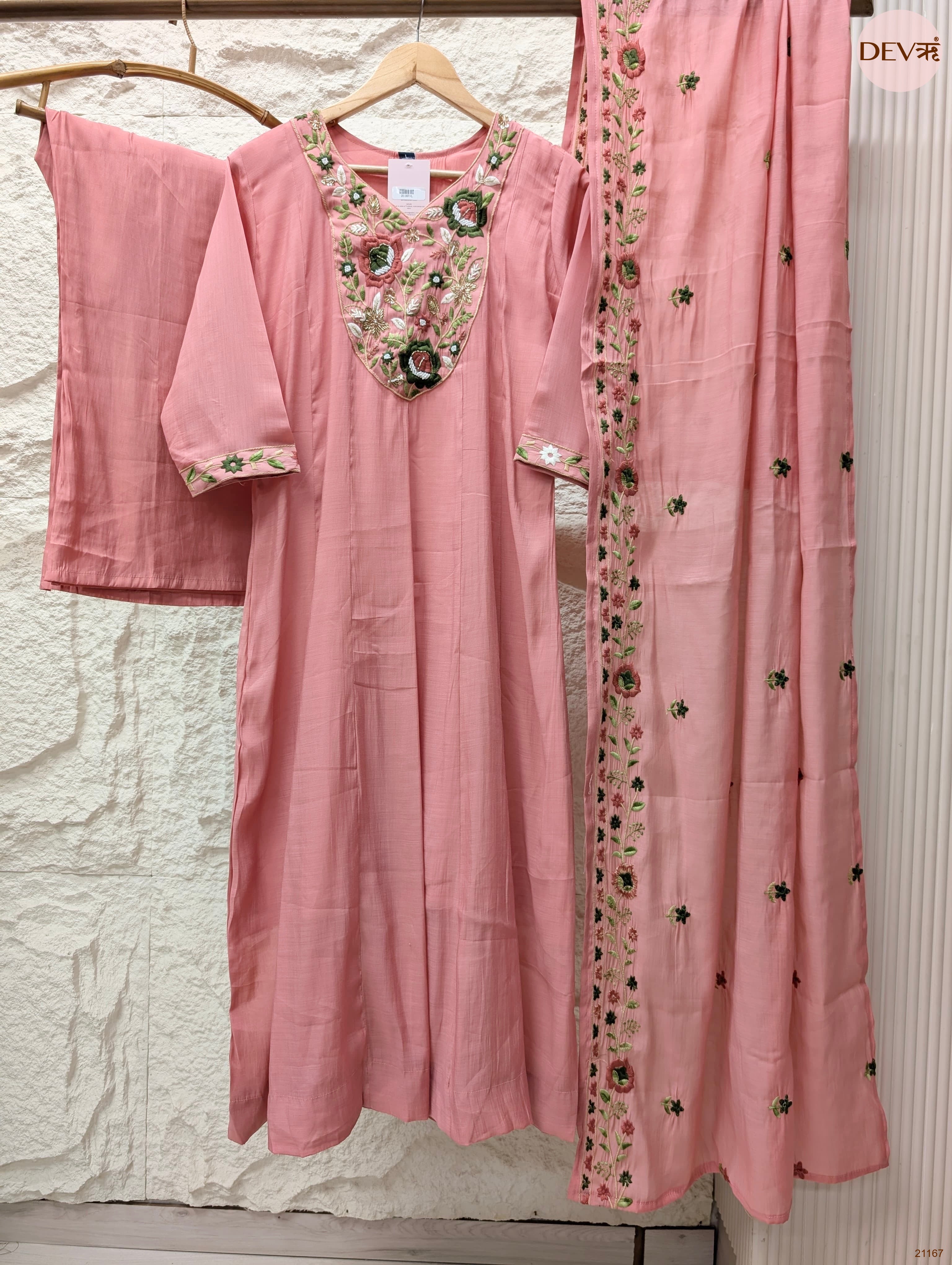 Gulnaar Mul Chanderi Embroidered Pink 3-Piece Set (Devri – D.No 21167)